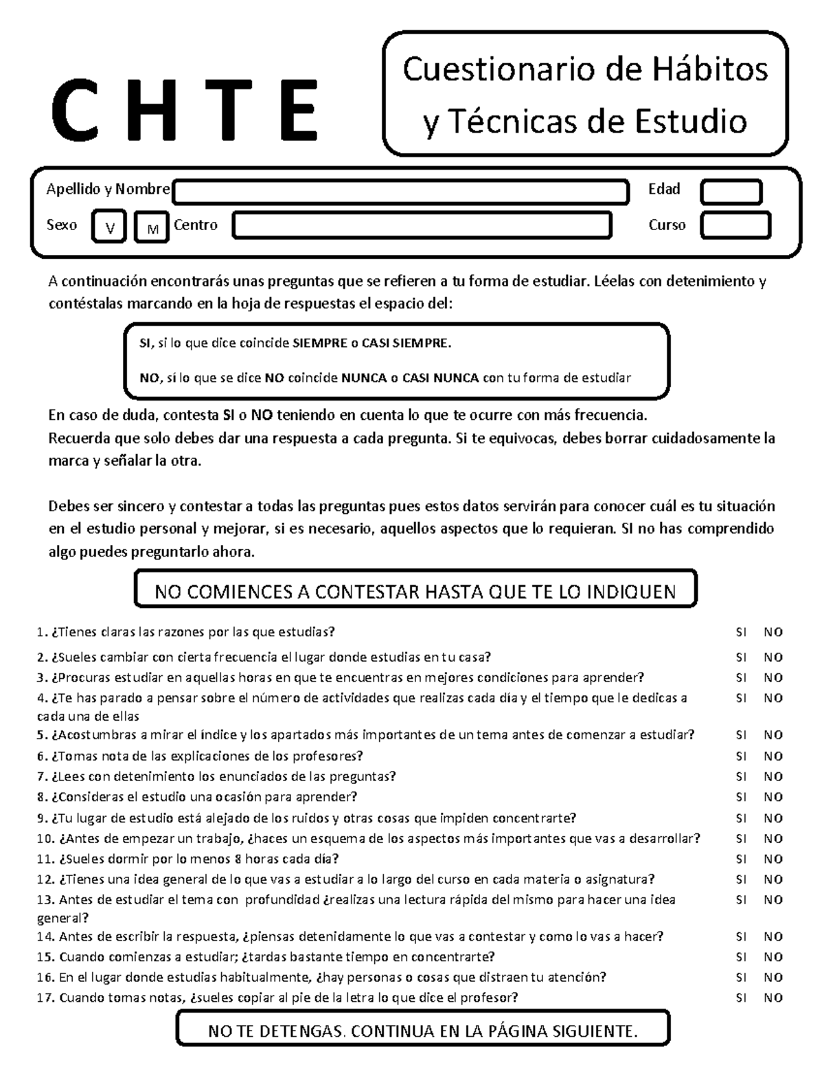 Cuestionario de Hábitos y Técnicas de Estudio - C H T E A continuaciÛn ...