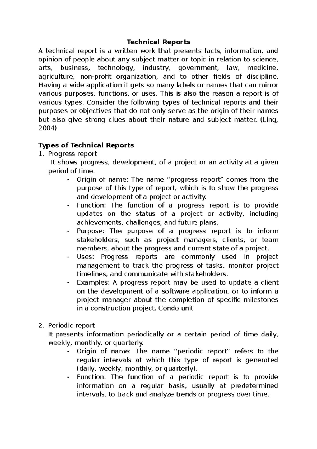 My report n tech writing - Technical Reports A technical report is a ...