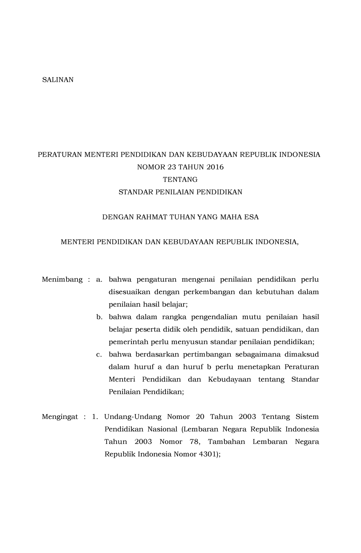 Permendikbud Tahun 2016 Nomor 023 - SALINAN PERATURAN MENTERI ...