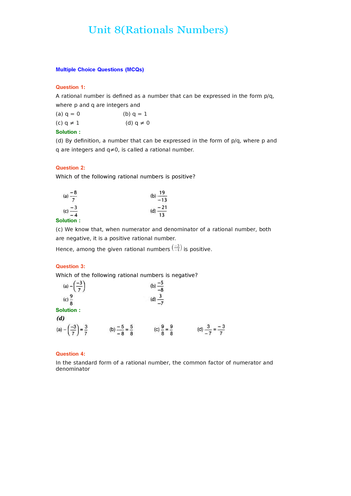 Ch8 Rational Number - Unit 8(Rationals Numbers) Multiple Choice ...