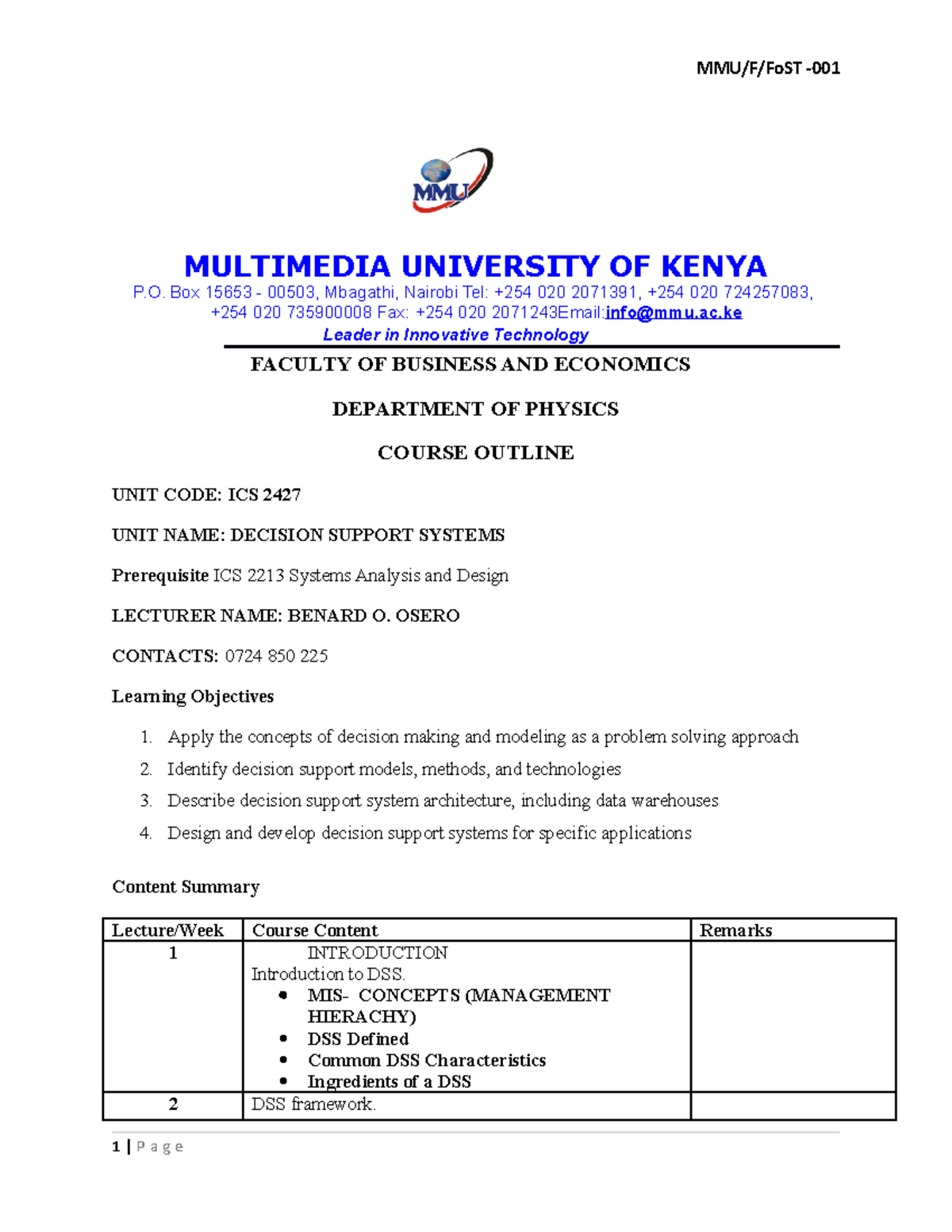 DSS Outline - MULTIMEDIA UNIVERSITY OF KENYA P. Box 15653 - 00503 ...