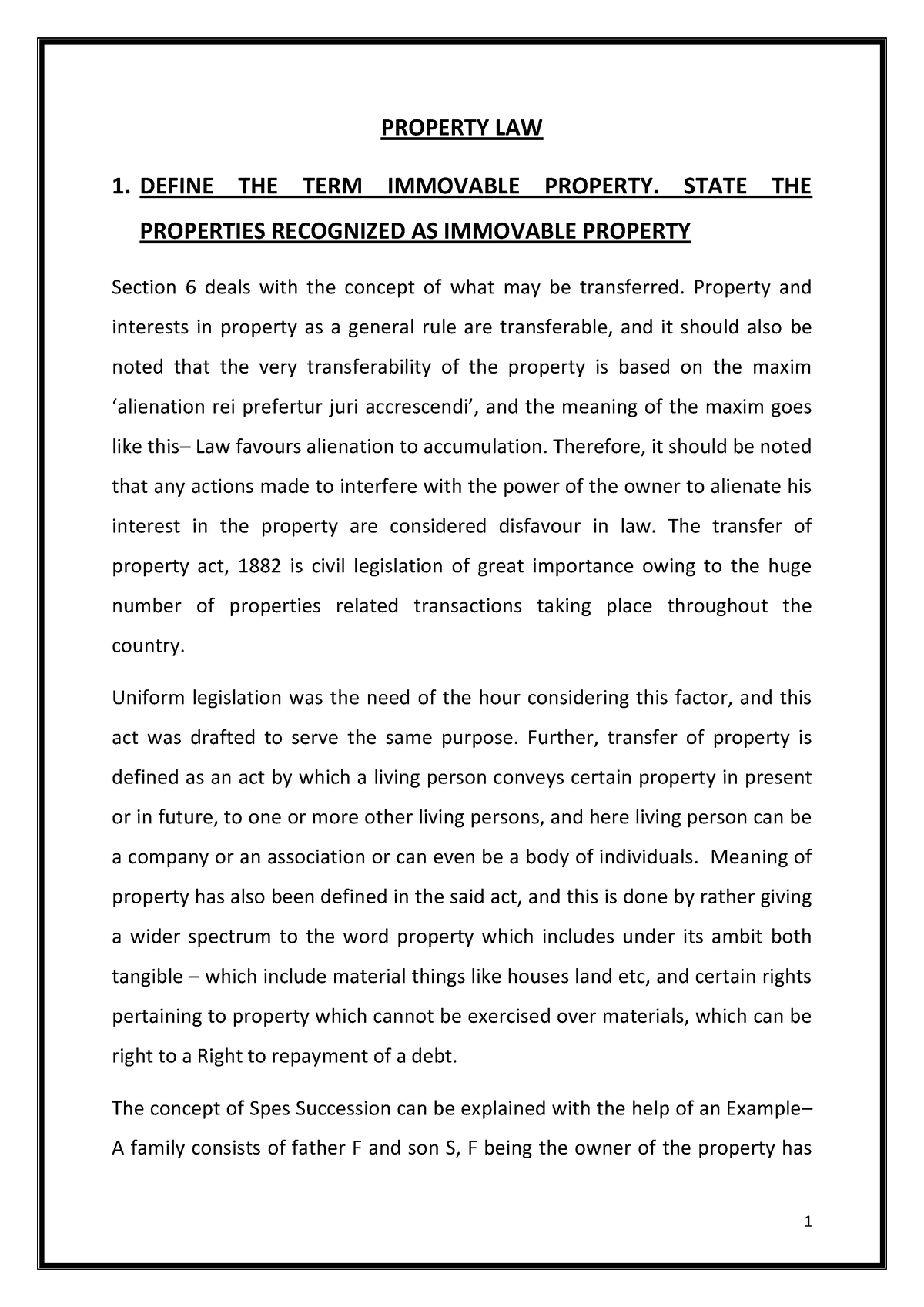 Skhlc Property LAW Law Notes for reference PROPERTY LAW 1. DEFINE