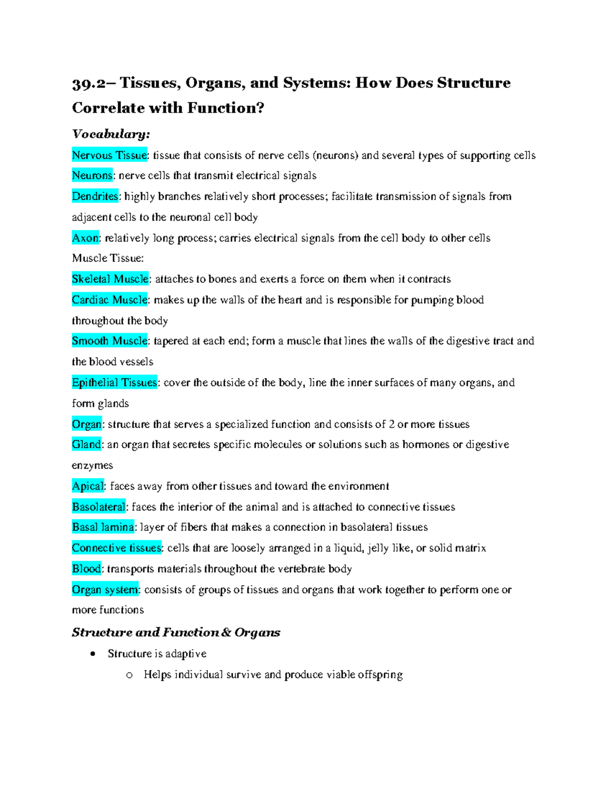 BiologyUnit 239.2 - 39– Tissues, Organs, and Systems: How Does ...