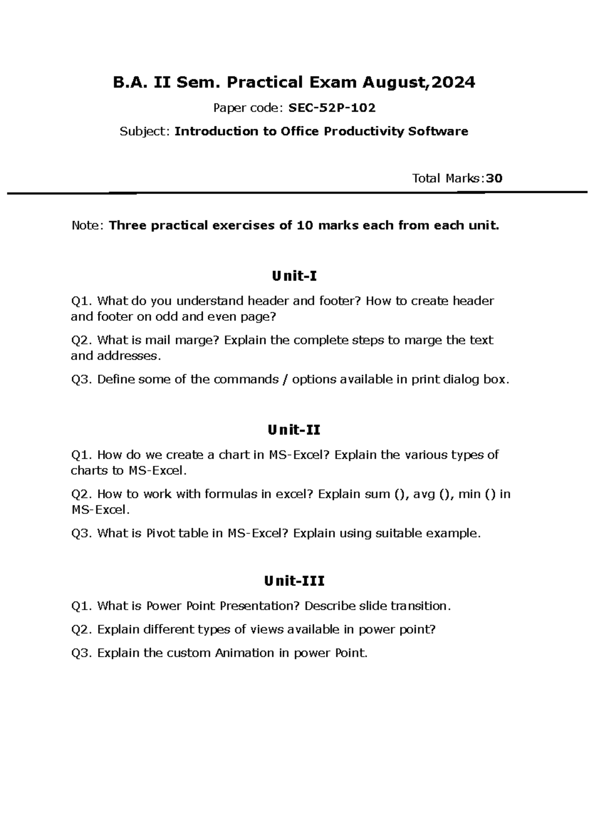 Question Paper ntroduction to office productivity - B. II Sem ...