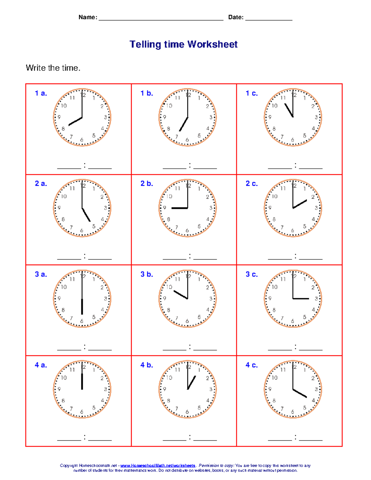 Telling Time Worksheet - Name 