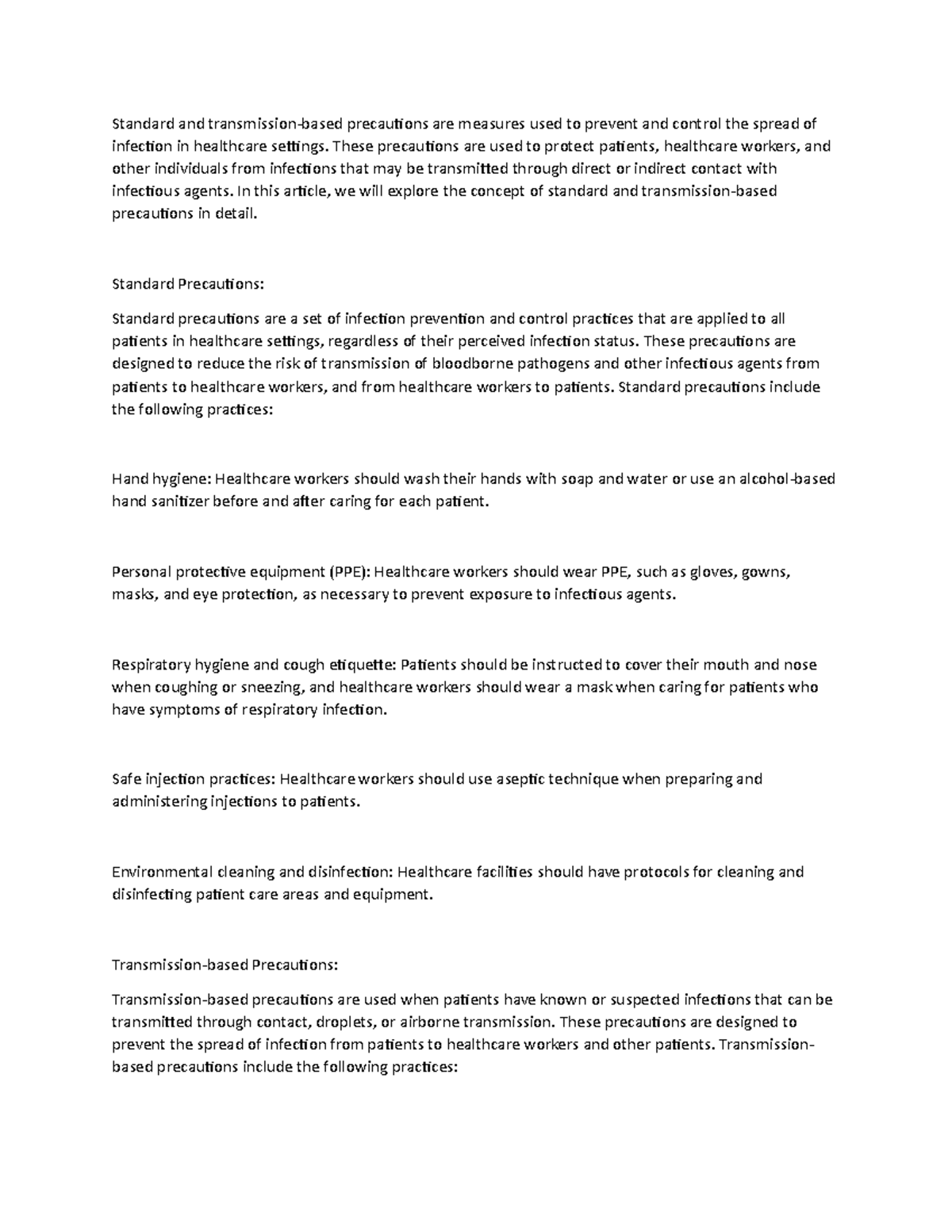 Standard and transmission Standard and transmissionbased precautions