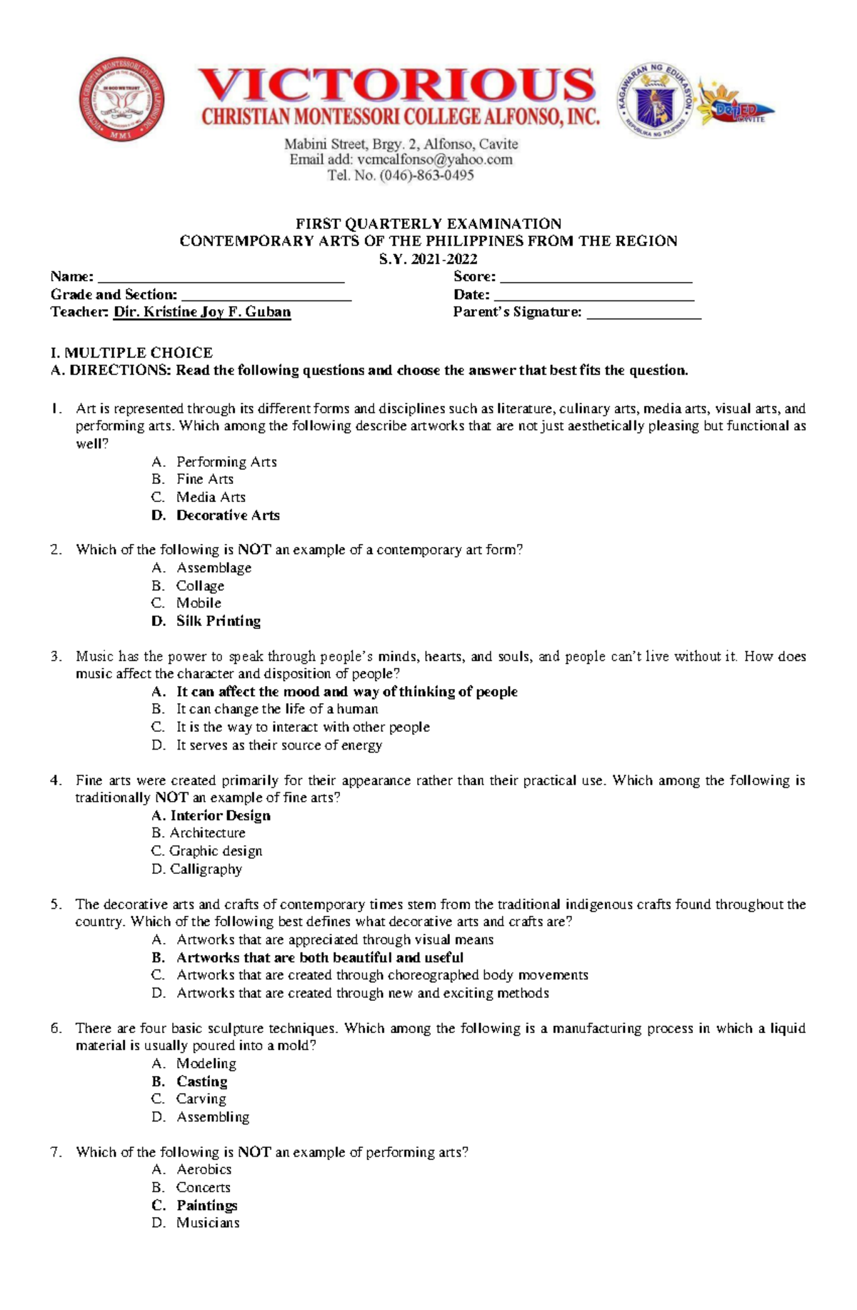 EXAM IN Contemporary ARTS 1ST Quarter FIRST QUARTERLY EXAMINATION