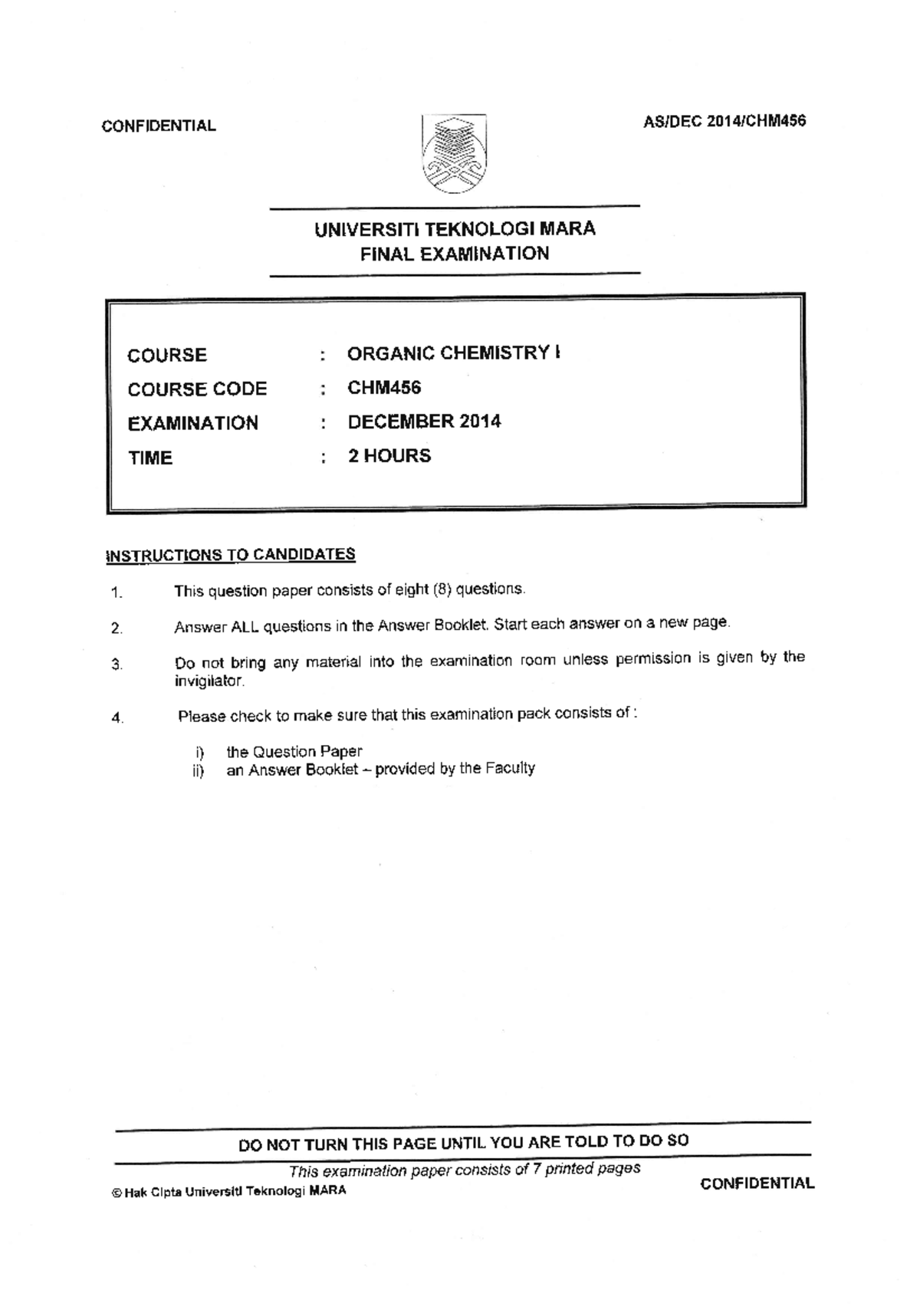 DEC 2014 PAST YEAR QUESTION CHM457 ORGANIC - organic chemistry - Studocu