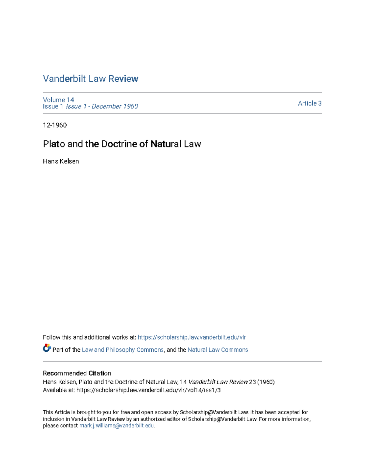 Plato and the Doctrine of Natural Law law.vanderbilt/vlr Part of the Law and Philosophy
