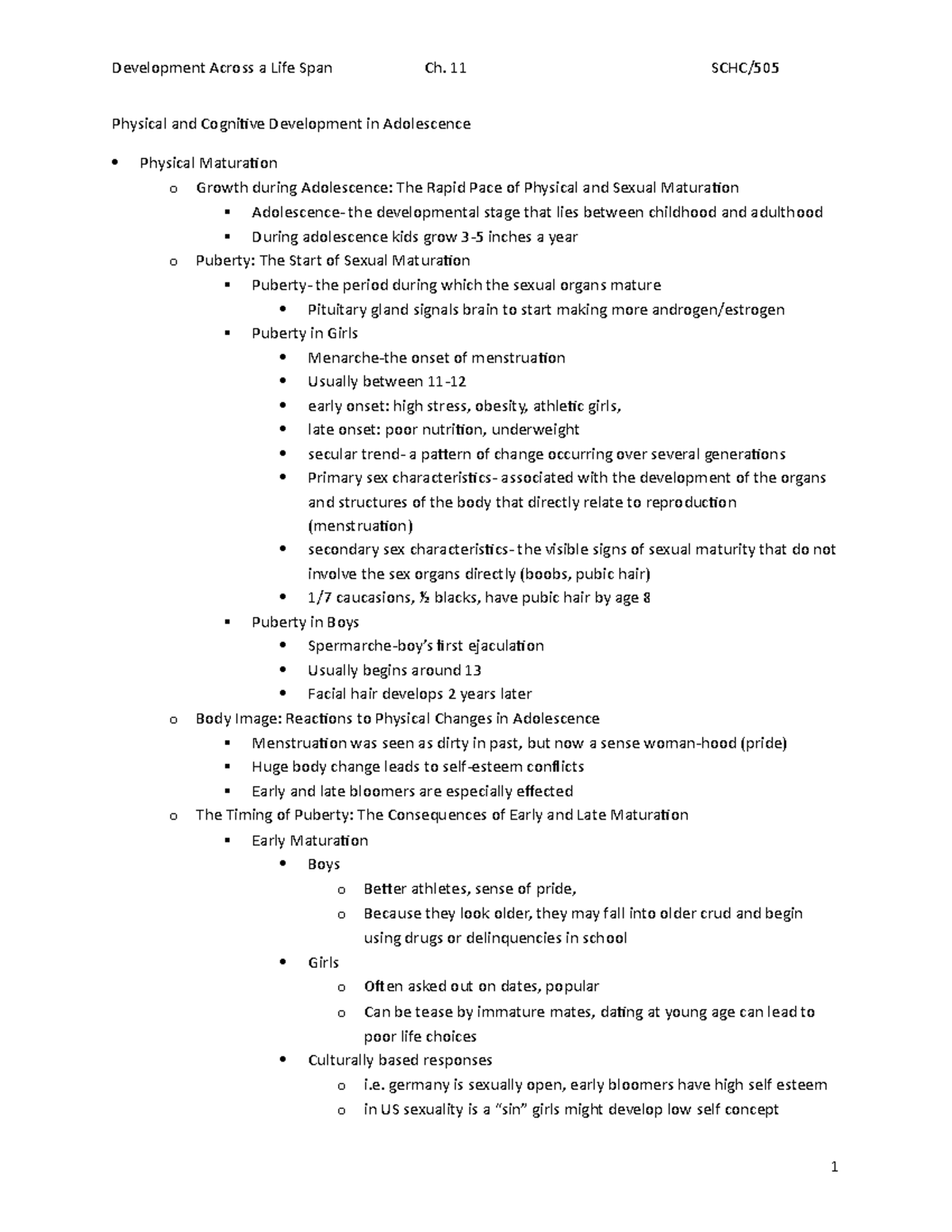 SCHC505 Chapter 11 - Lecture Notes Ch 11 - Physical And Cognitive ...