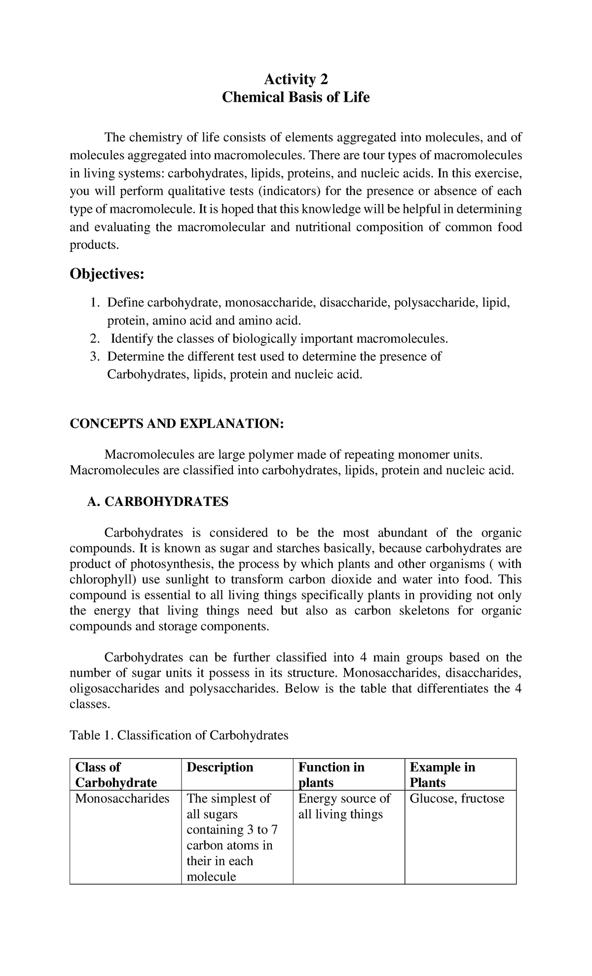 Act 2 the chemistry of life - Activity 2 Chemical Basis of Life The ...