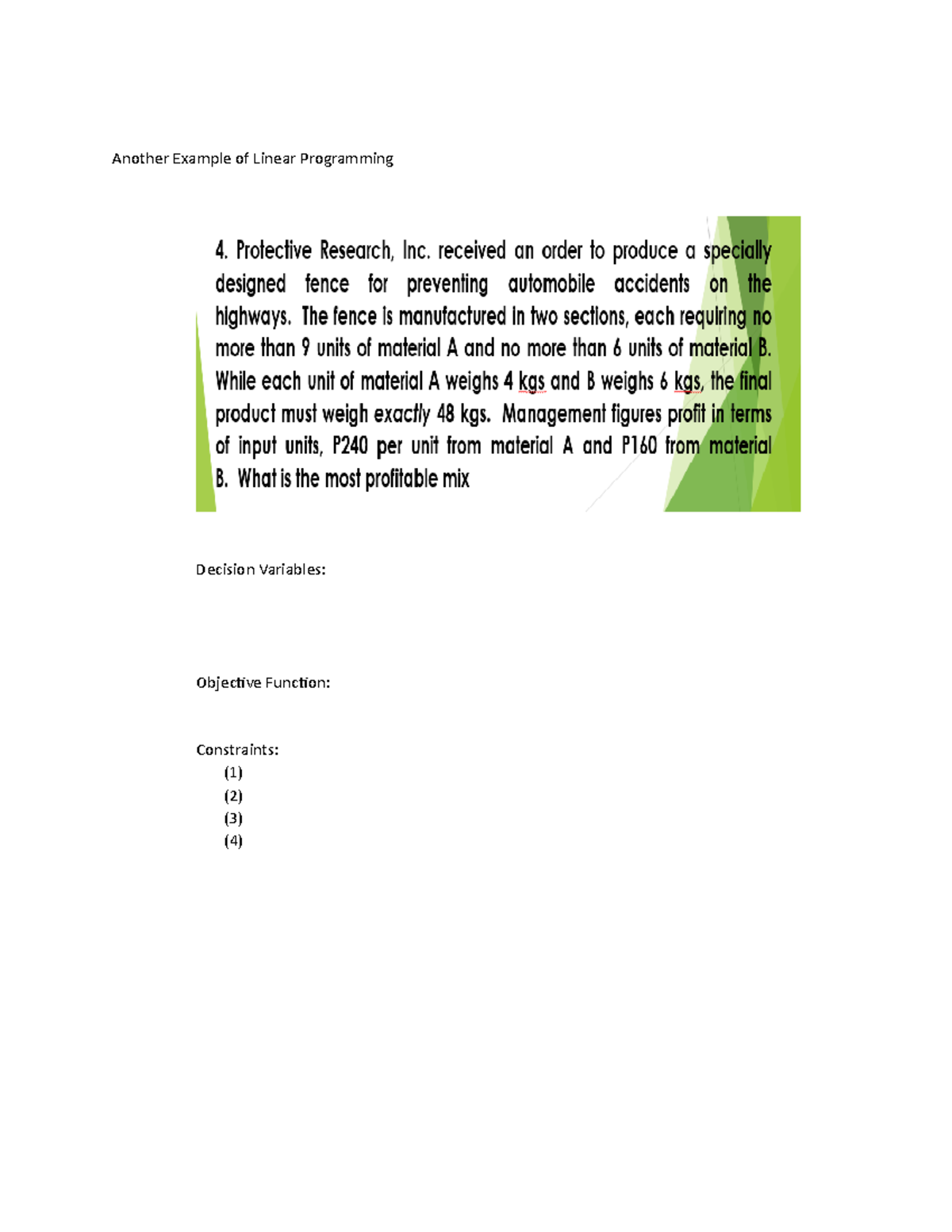 Homework in Linear Programming - Another Example of Linear Programming ...