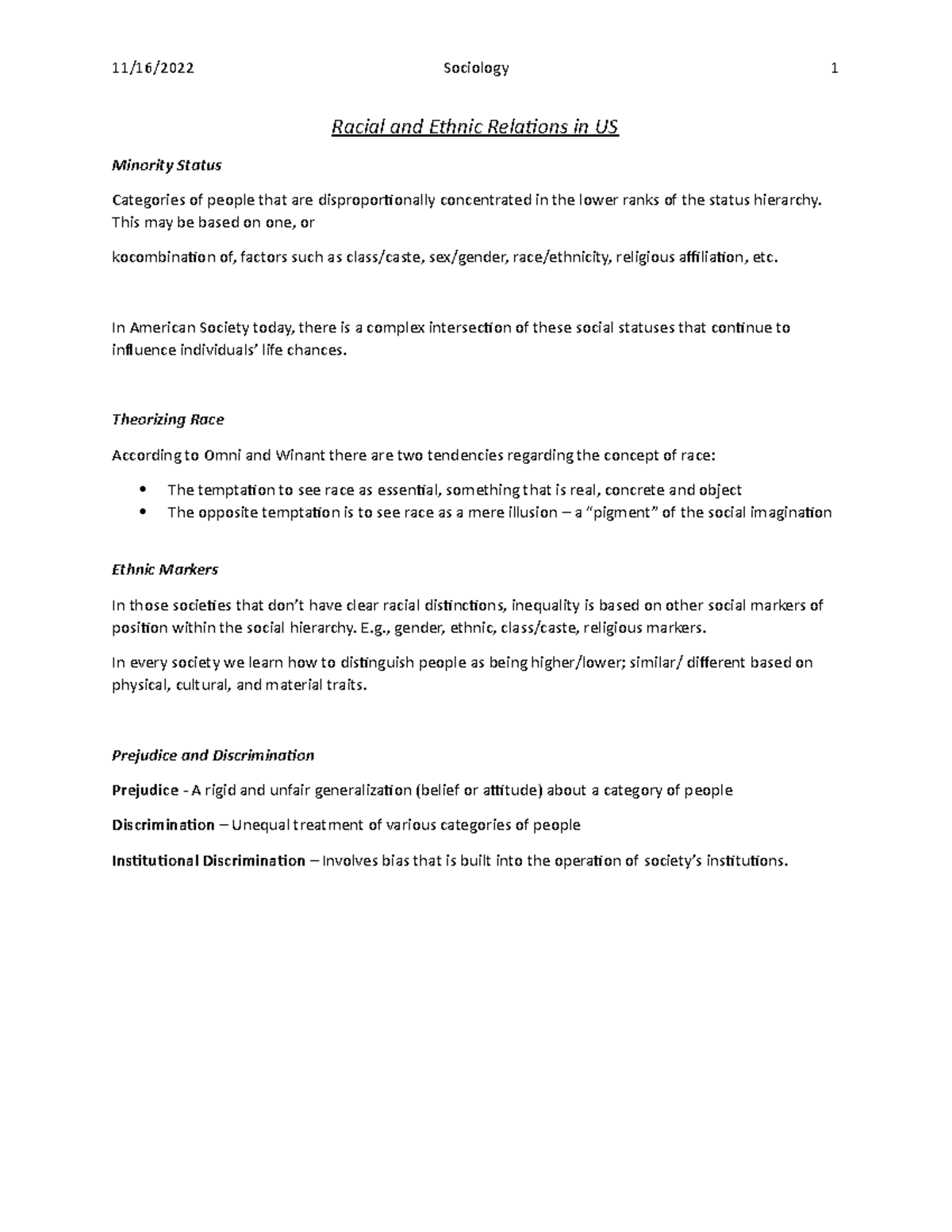 Racial and Ethnic Relations in US - 11/16/2022 Sociology 1 Racial and ...