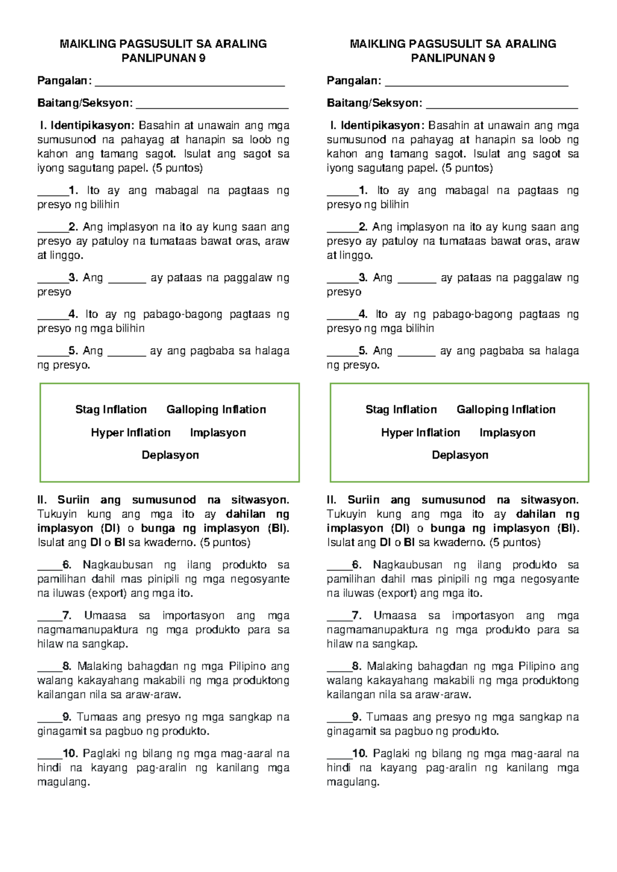 Implasyon-Quiz - MAIKLING PAGSUSULIT SA ARALING PANLIPUNAN 9 Pangalan ...