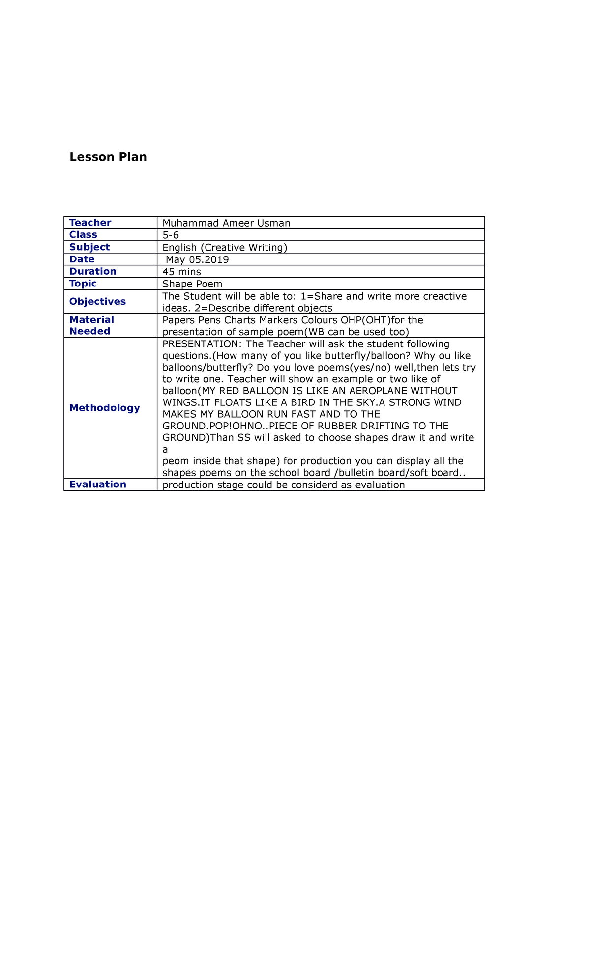 Lesson Plan 40 for print - Lesson Plan Teacher Muhammad Ameer Usman ...