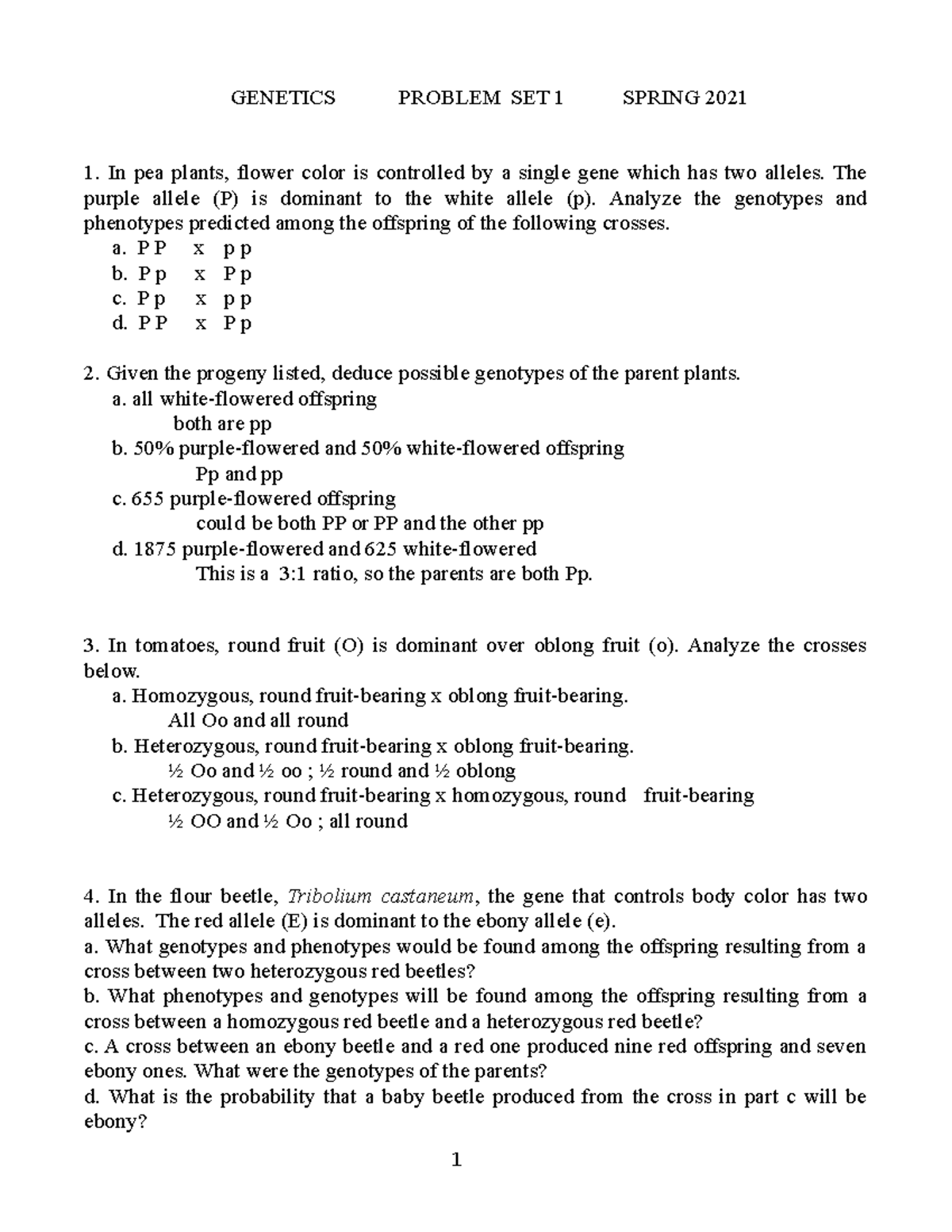 Gen Prob Set 1 S2021 - practice problems - GENETICS PROBLEM SET 1 ...