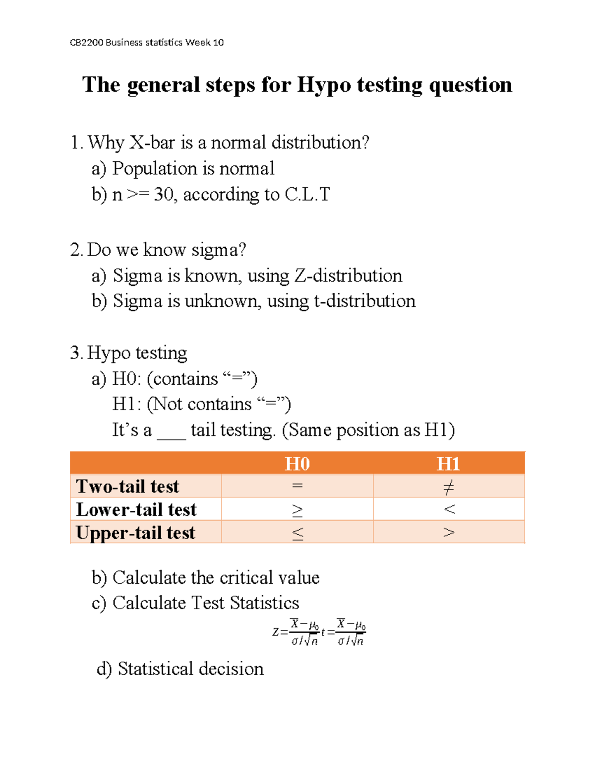 CB2200 Week 10 - The general steps for Hypo testing question 1. Why X ...