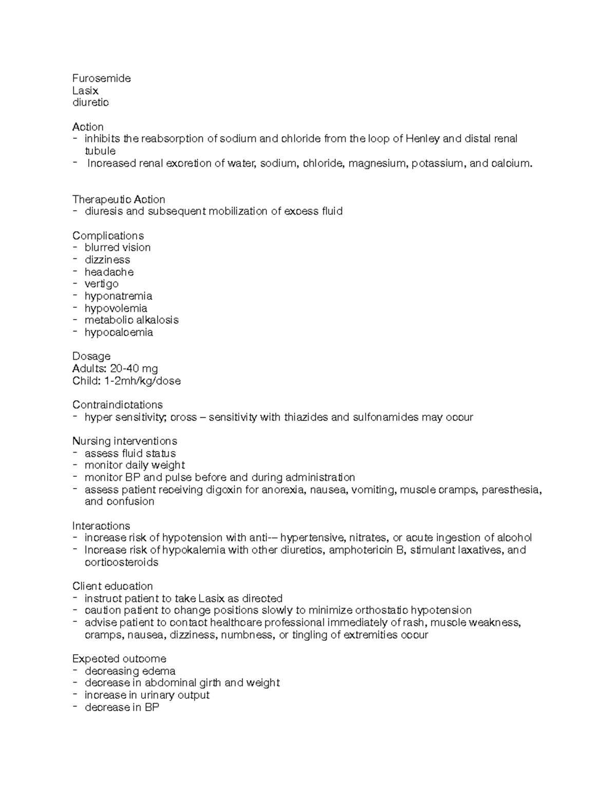 Lasix - pharm sheet - Furosemide Lasix diuretic Action - inhibits the ...