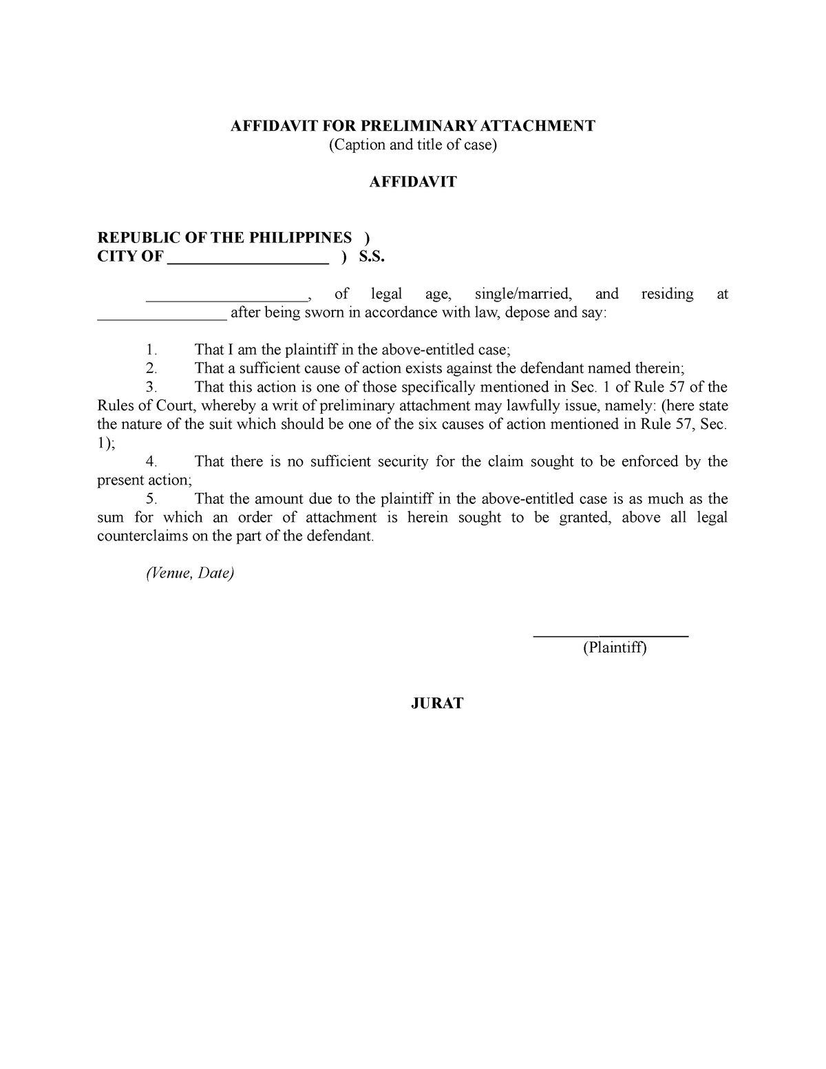 Affidavit FOR Preliminary Attachment - AFFIDAVIT FOR PRELIMINARY ...