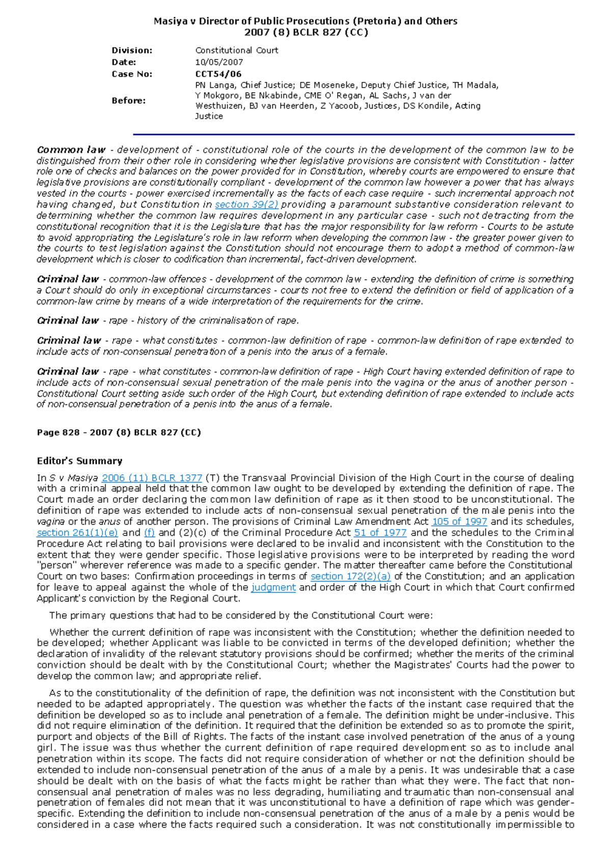 Masiya v Director of Public Prosecutions (Pretoria) and Others 2007 (8 ...