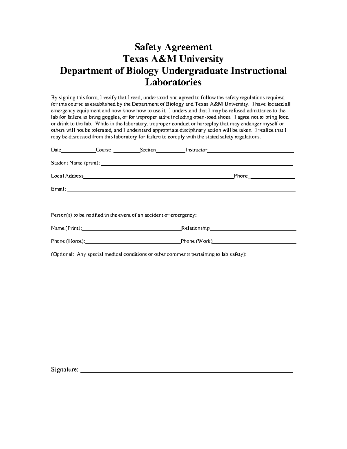 Student Safety Agreement - Safety Agreement Texas A&amp;M University Department of Biology - Studocu