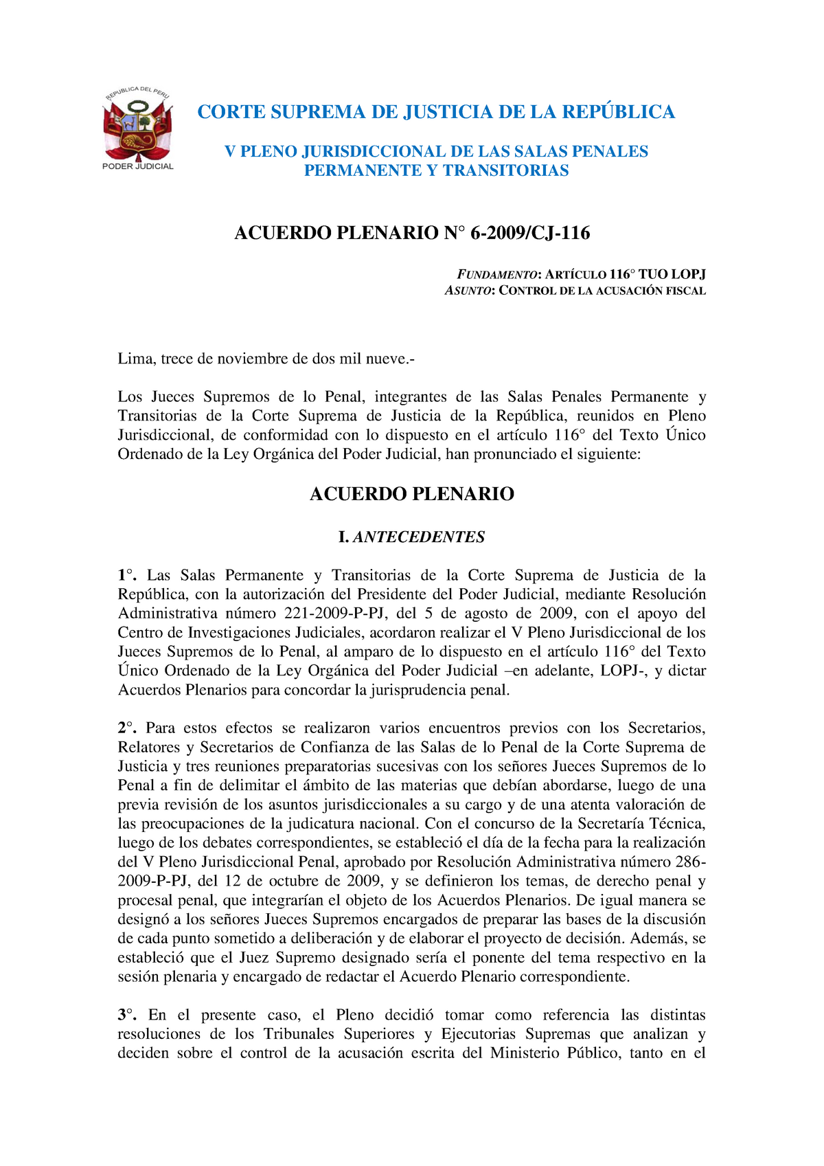 Acuerdo Plenario N° 6-2009 - Control De Acusación Fiscal - V PLENO ...