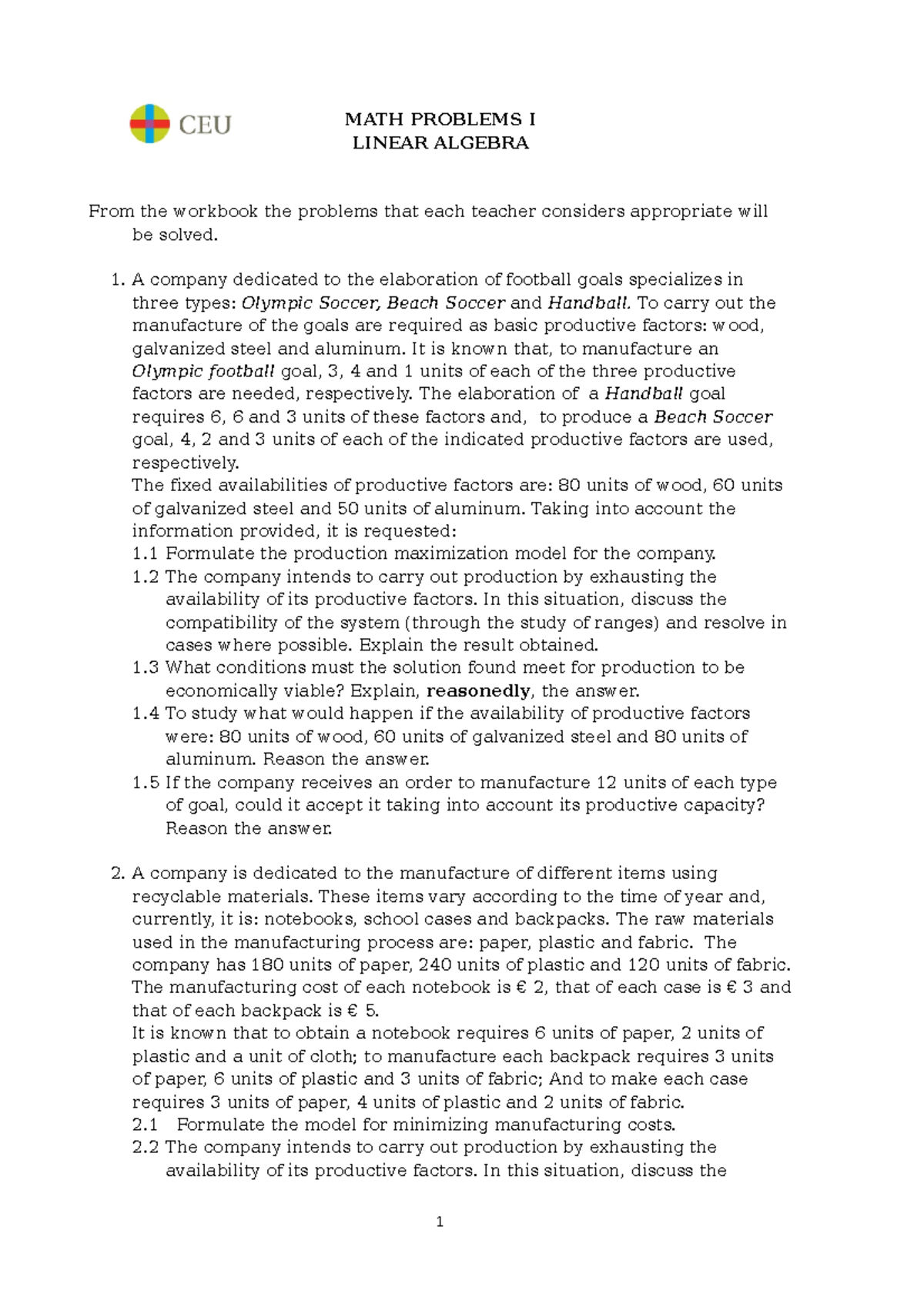 Problems Chapter I - Some exercise of matematicas I - MATH PROBLEMS I ...