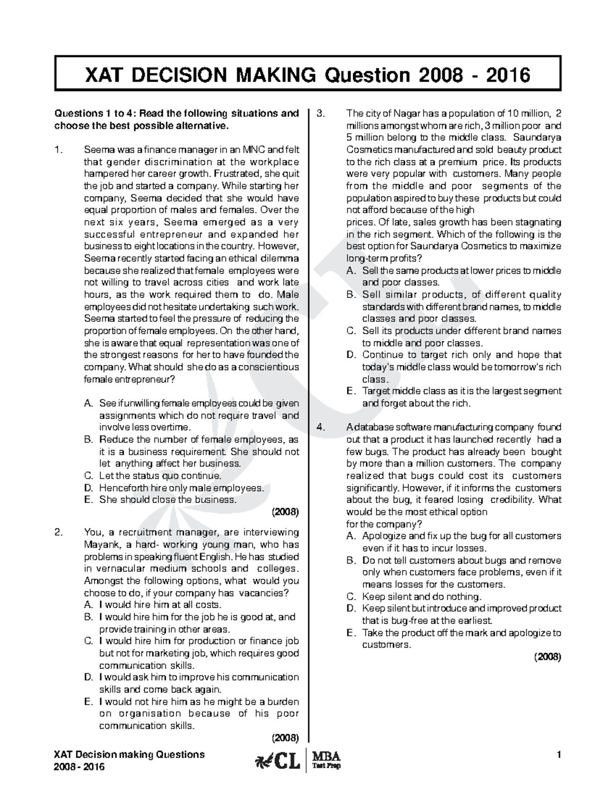 XAT Decision Making 2008-16 - XAT Decision making Questions 1 XAT ...