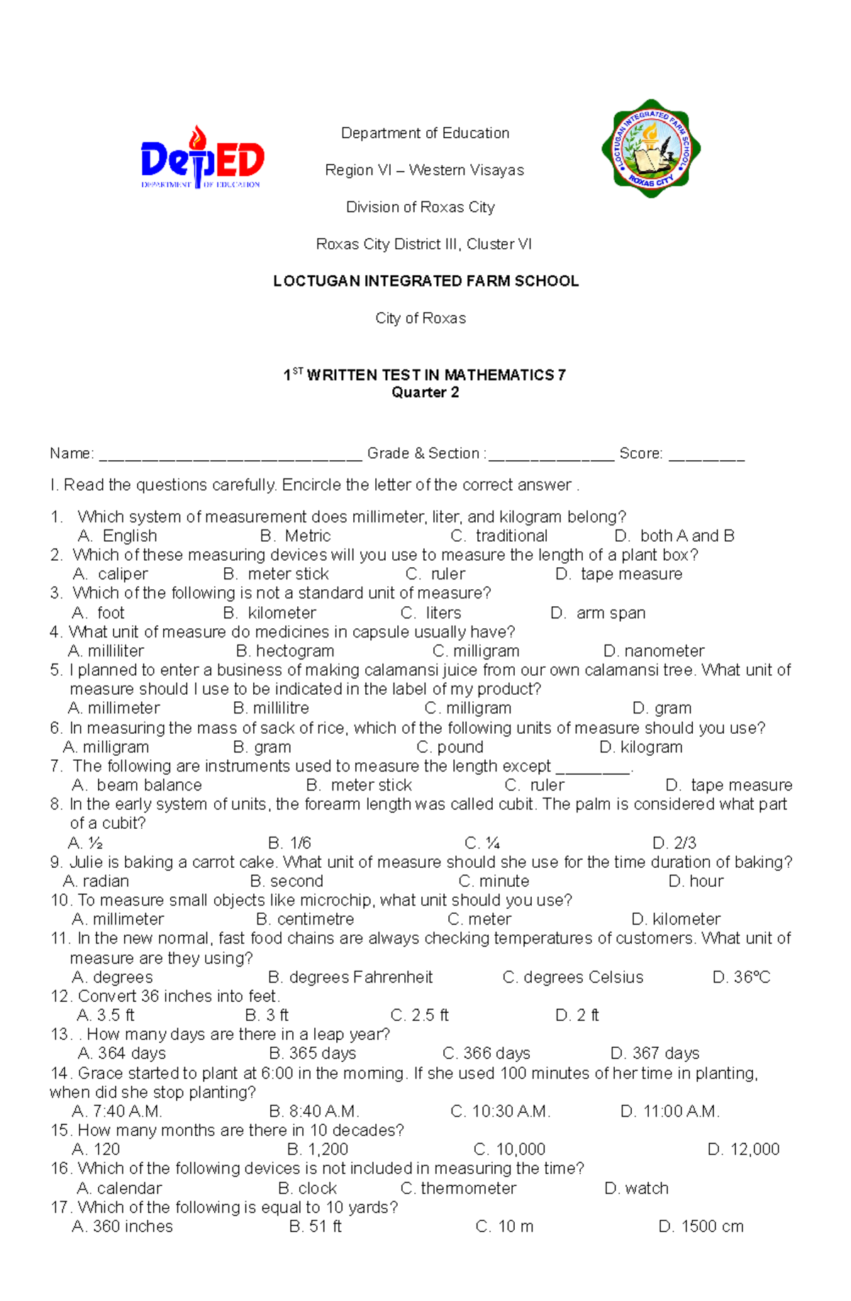 1ST Summative TEST In Math 7 Q2 21-22 - BSED - Studocu