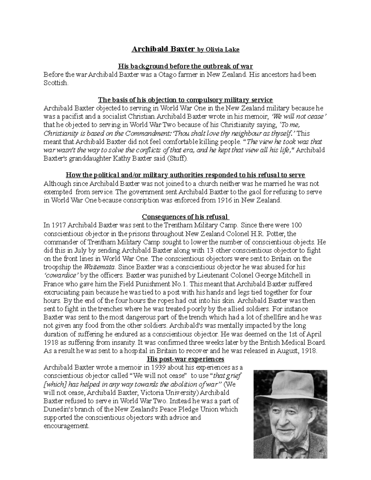 Archibald Baxter - Lecture notes 7 - Archibald Baxter by Olivia Lake ...