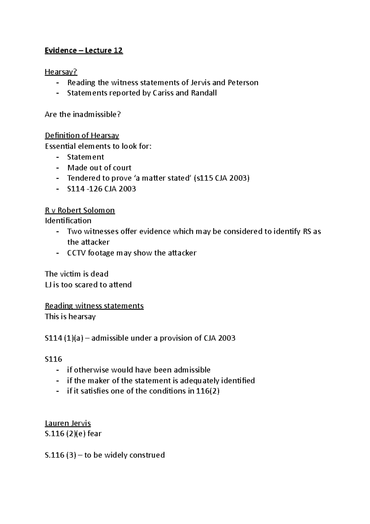 W12 Lecture Evidence Lecture 12 Hearsay? Reading the witness