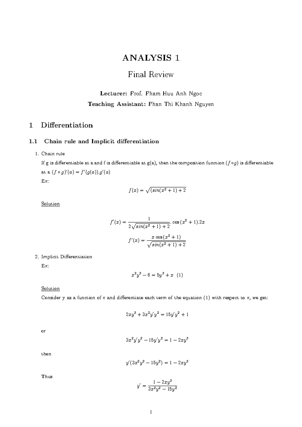 Analysis 1 Final - ANALYSIS 1 Final Review Lecturer: Prof. Pham Huu Anh ...