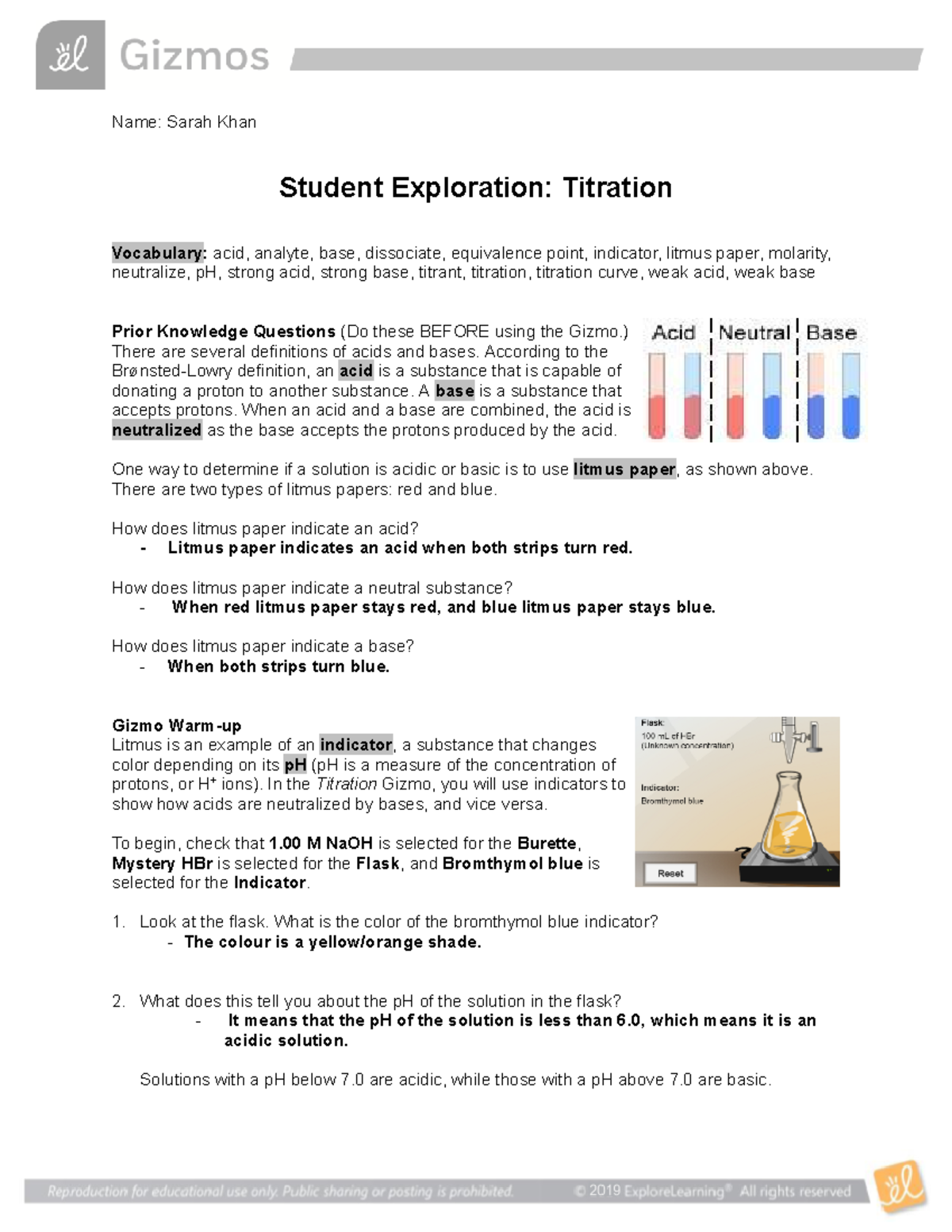 Titration Gizmo Lab Name Sarah Khan Student Exploration Titration Vocabulary acid, analyte