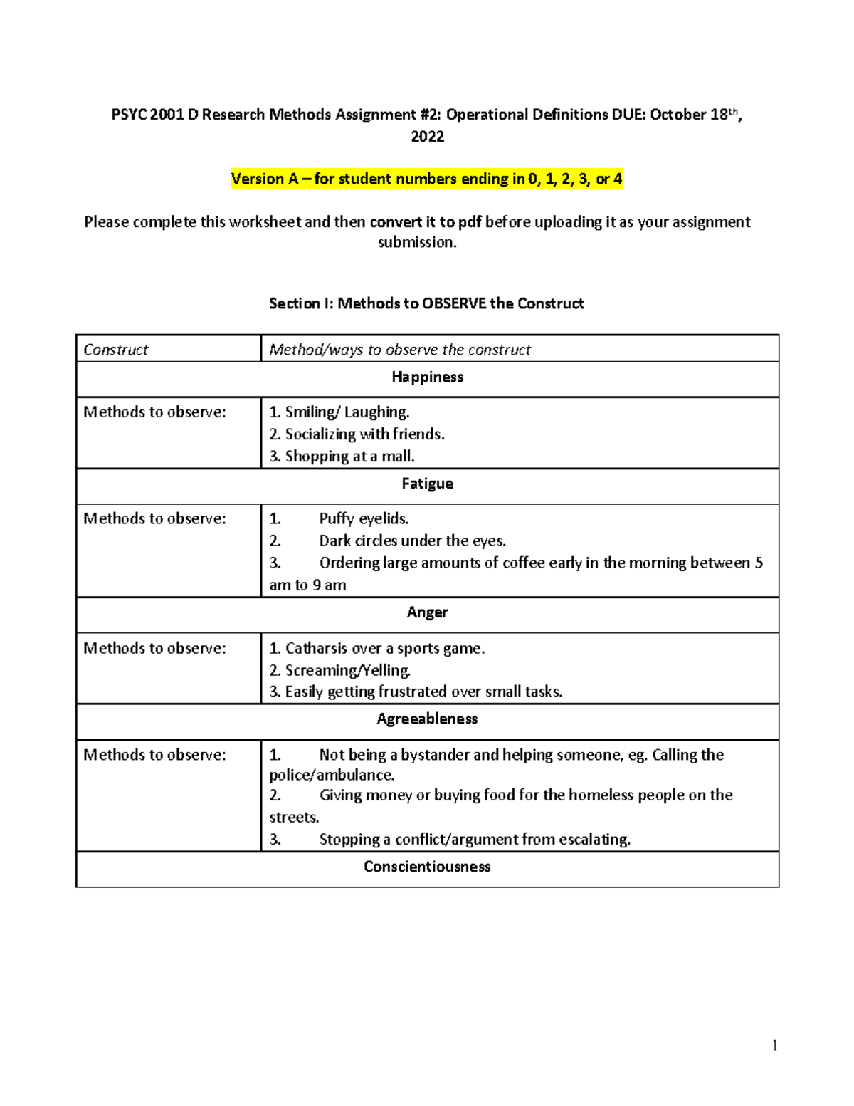 Assignment #2 - Worksheet Version A - 1 PSYC 2001 D Research Methods ...