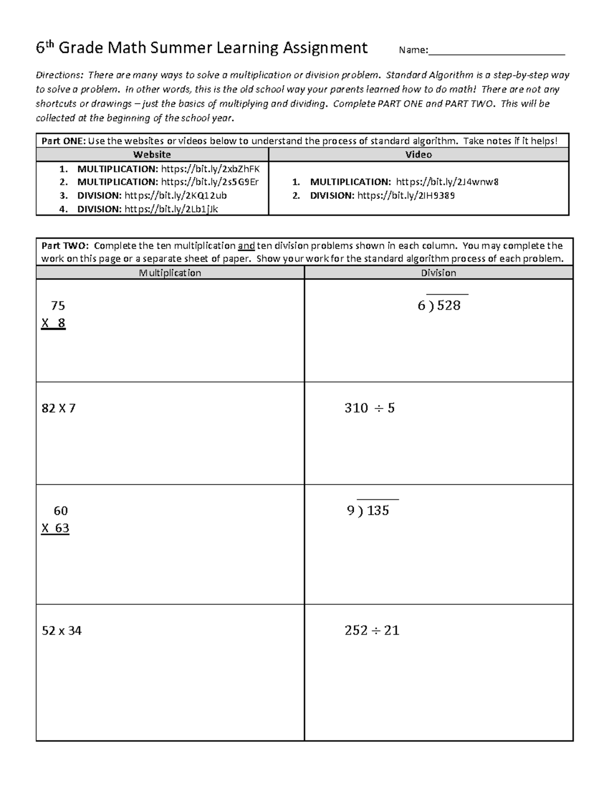 6th grade math summer learning assignment - 6 th Grade Math Summer ...