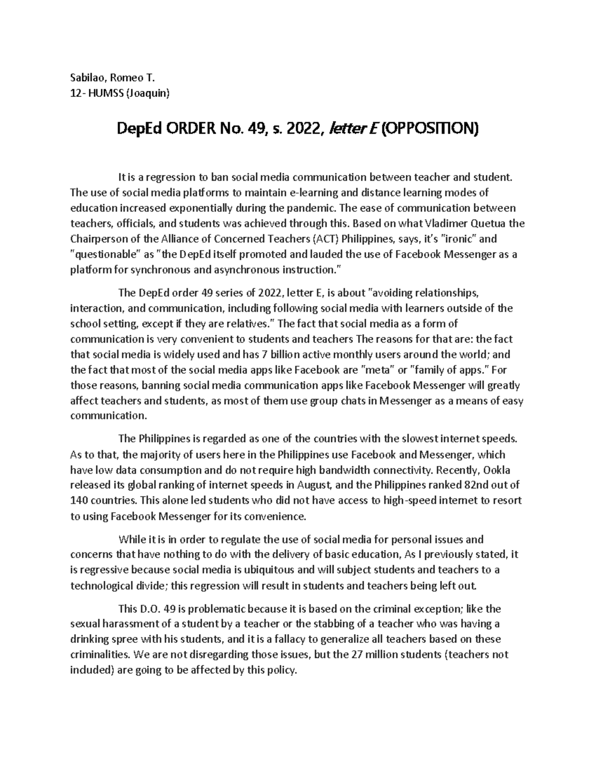 argumentative essay about deped order 49 s 2022