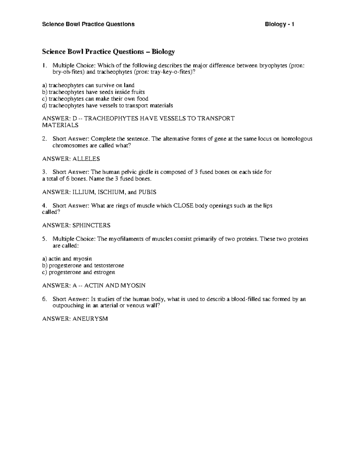 Biolset 1 Science Bowl Practice Questions Biology Multiple Choice