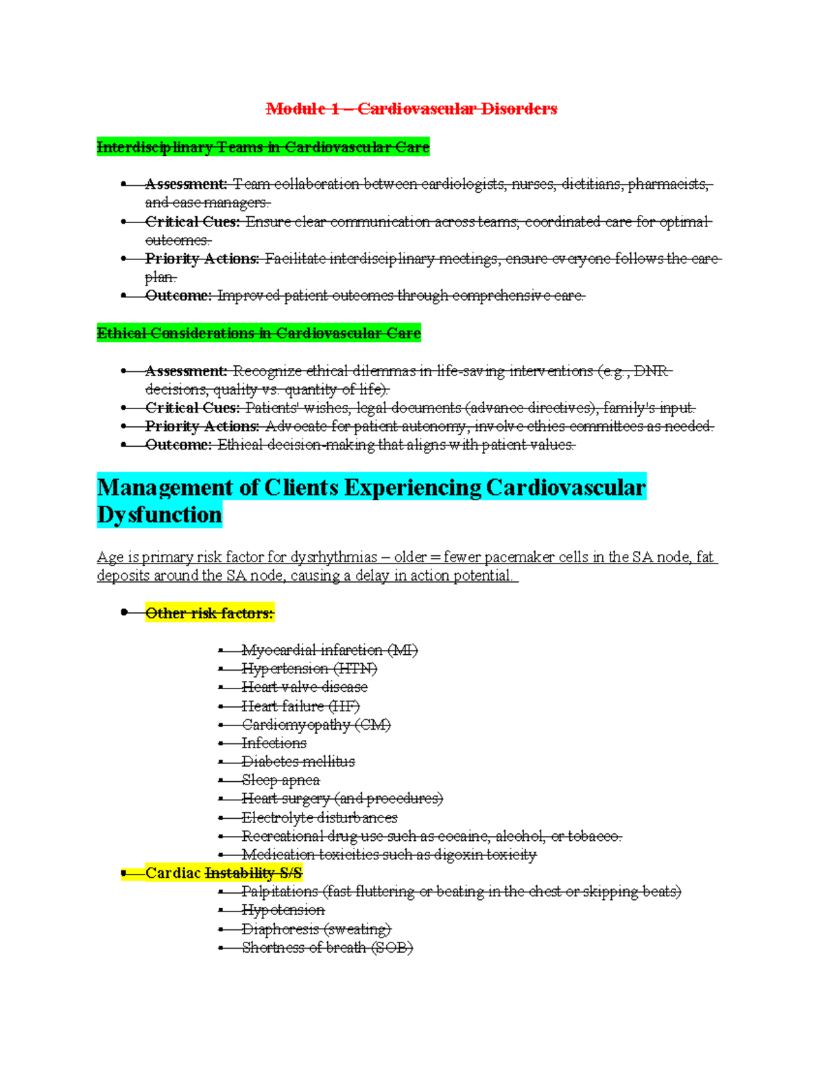 Exam 1 Study guide - Exam 1 - Module 1 – Cardiovascular Disorders ...