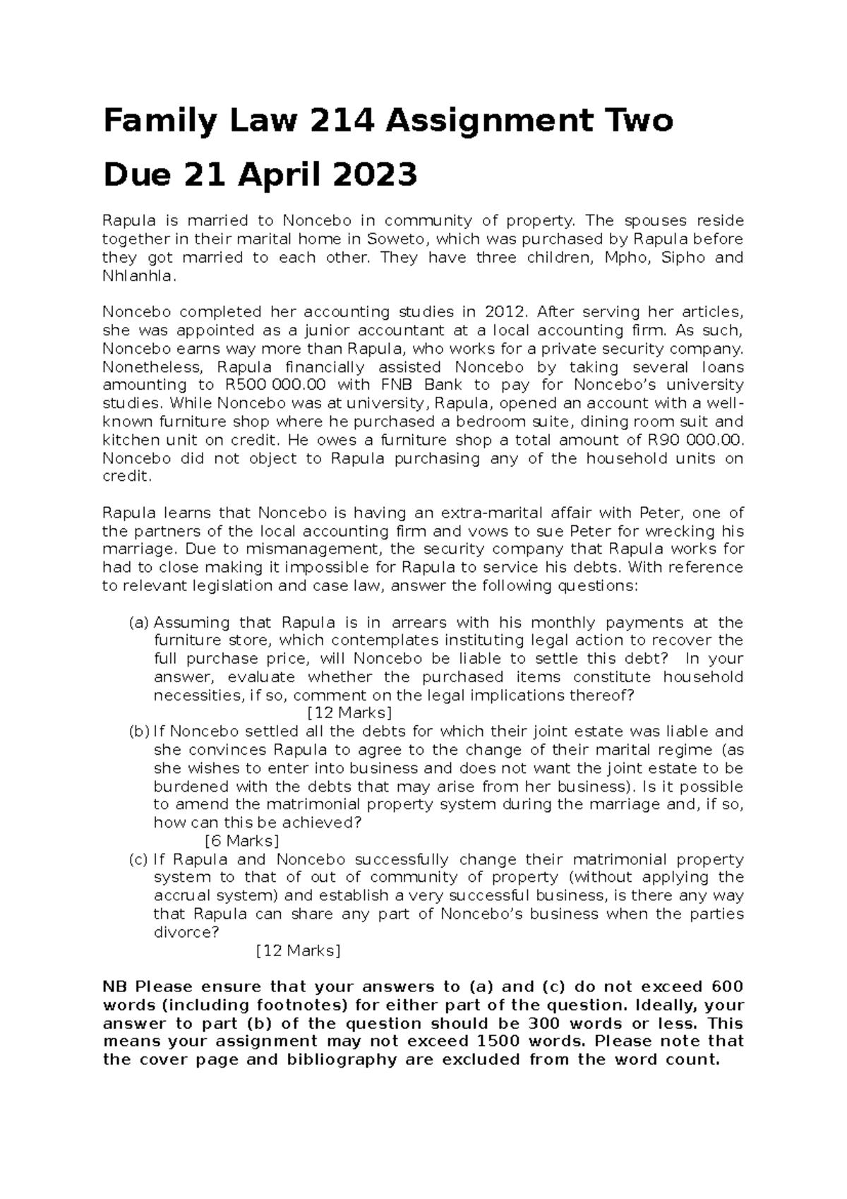 Family Law 214 Assignment Two - The spouses reside together in their ...