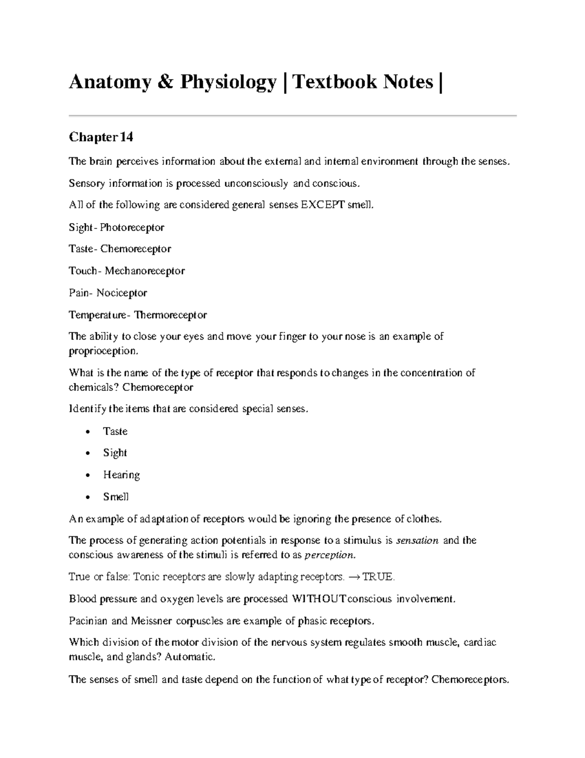 BIOL-2401 Textbook Notes (Ch 14) - Anatomy & Physiology | Textbook ...