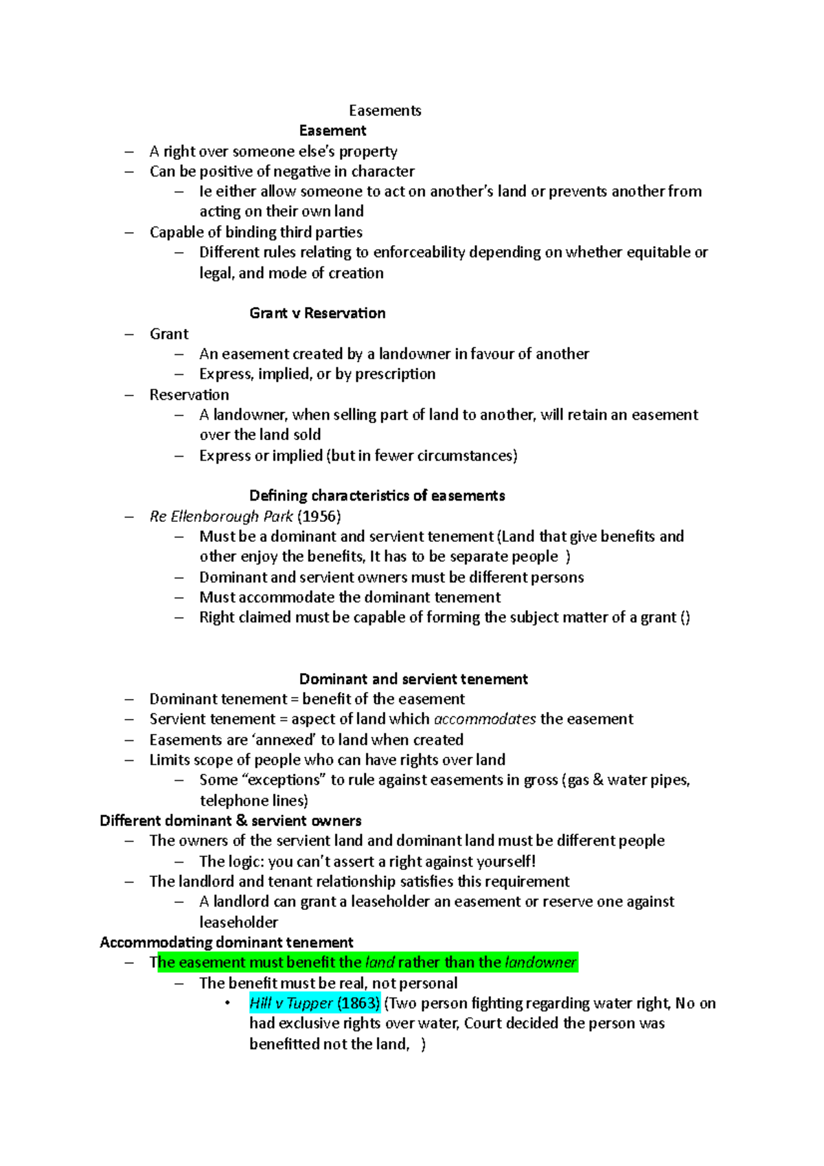 Easements - Lecture notes 1 - Easements Easement A right over someone ...