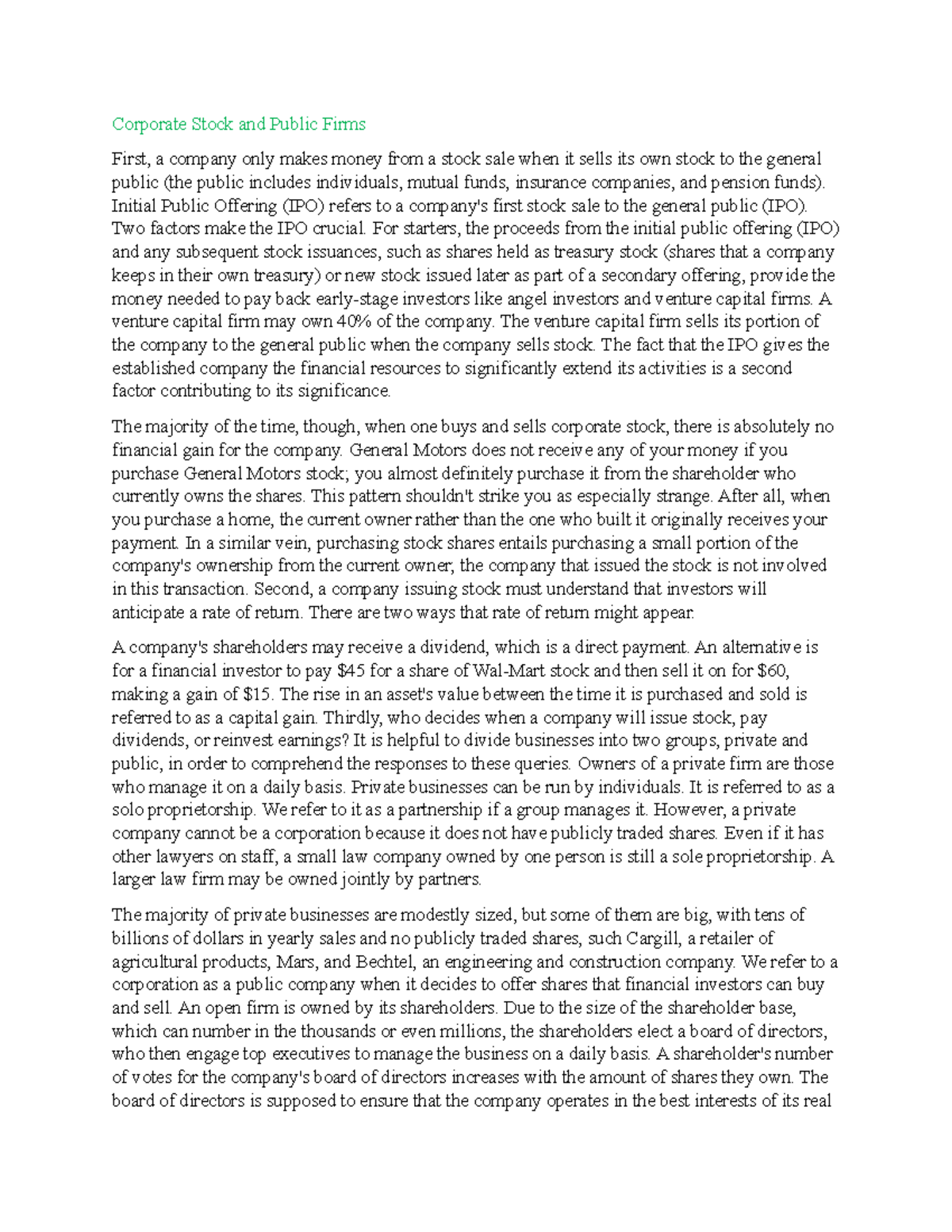 Corporate Stock and Public Firms Initial Public Offering (IPO) refers