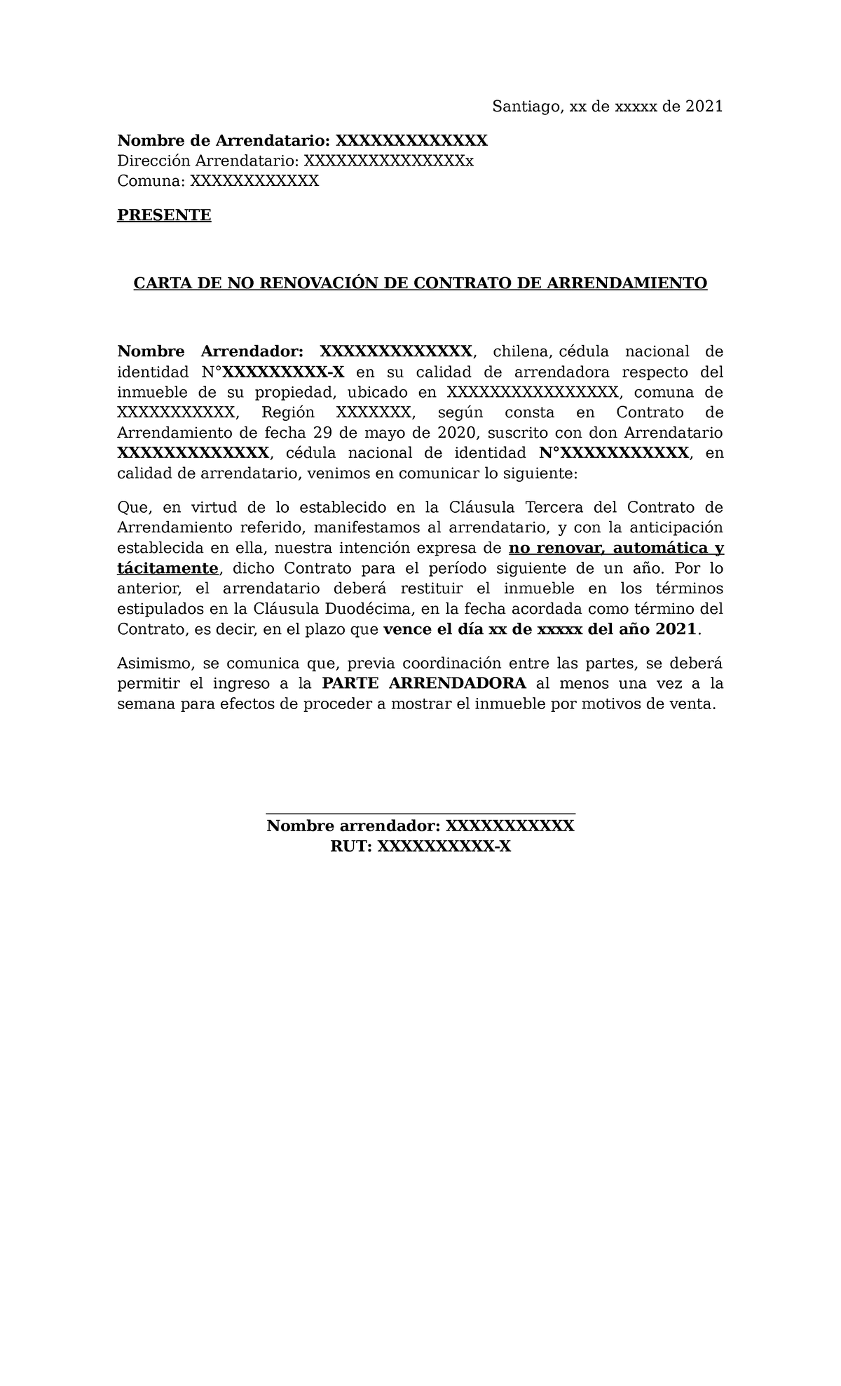 Carta De Notificacion Termino De Contrato De Arrendamiento Modelo Santiago Xx De Xxxxx De