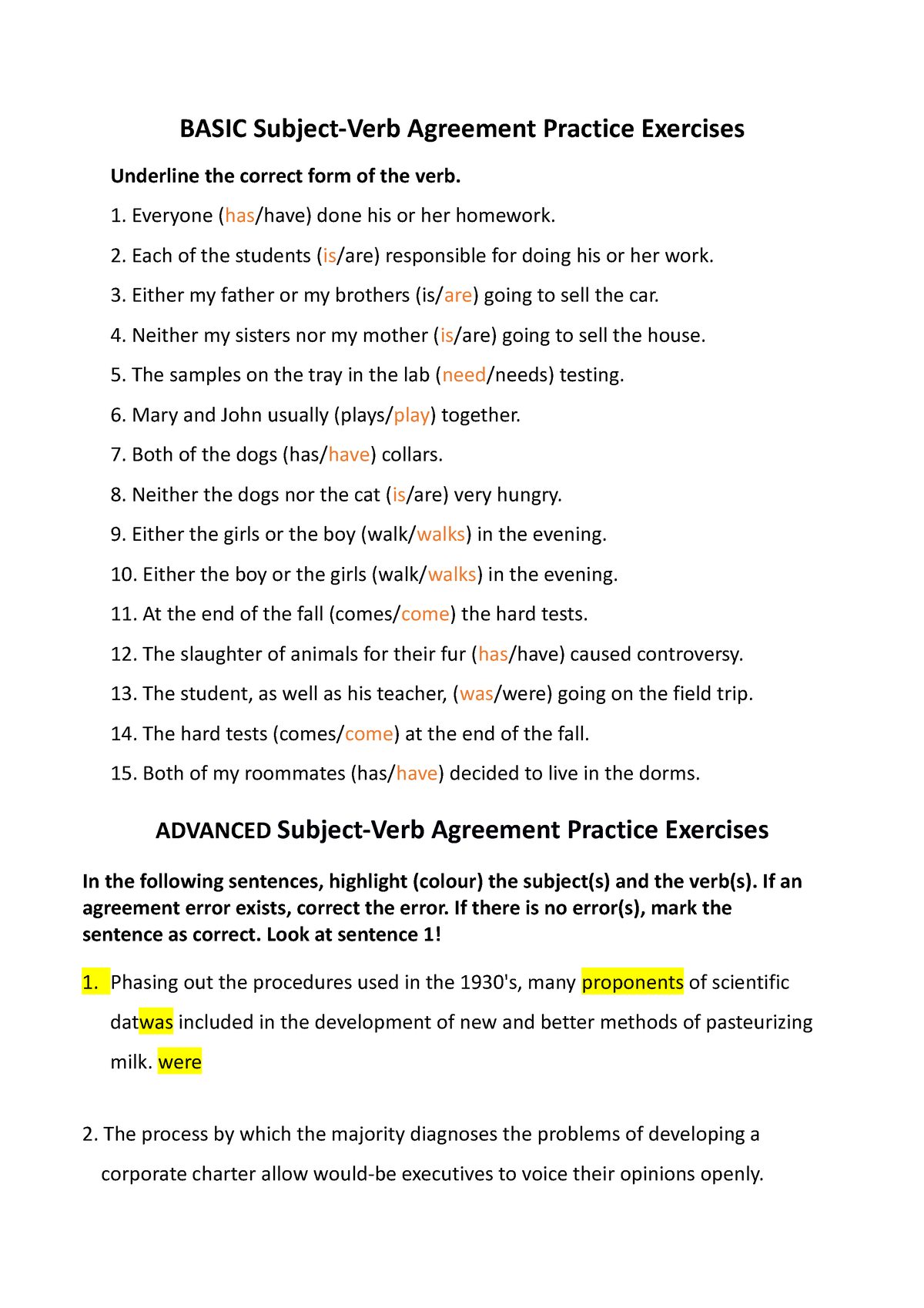 Subject Verb Agreement Exercise Basic Subject Verb Agreement Practice Exercises Underline The 0541