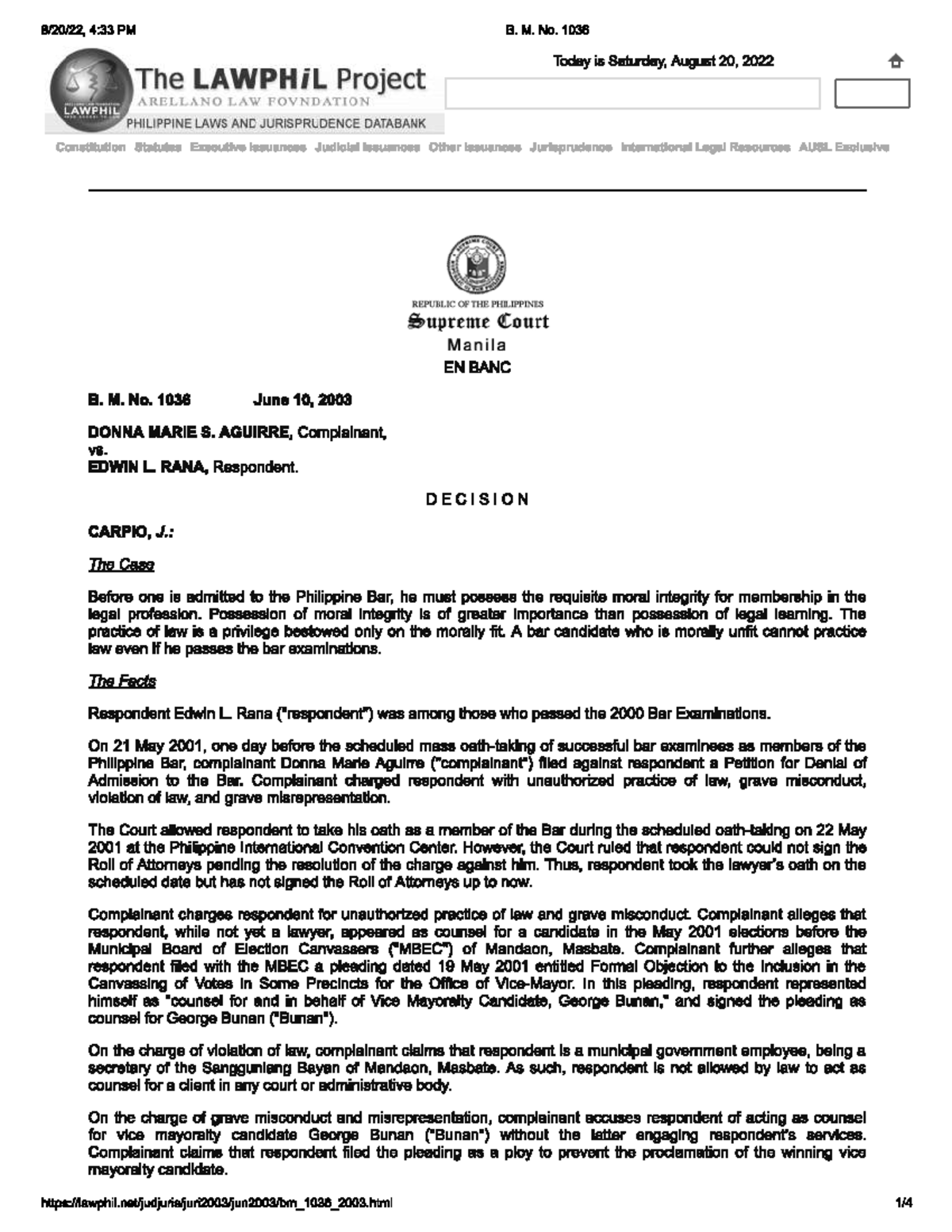 Aguirre v. Rana, B.M, No. 1036 (2003 ) - Political Science - Studocu