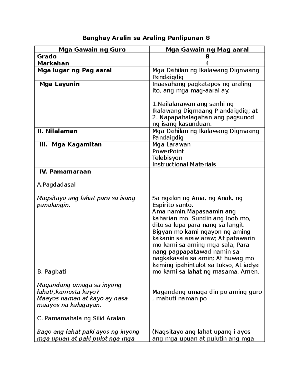 Ap Digmaan A Lesson Plan For Grade 8 Araling Panlipunan Banghay Aralin Sa Araling 5687