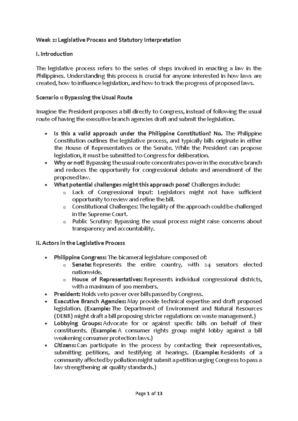 Lecture Notes Week 2 Legislative Process and Parts of a Statue - Week 2 ...