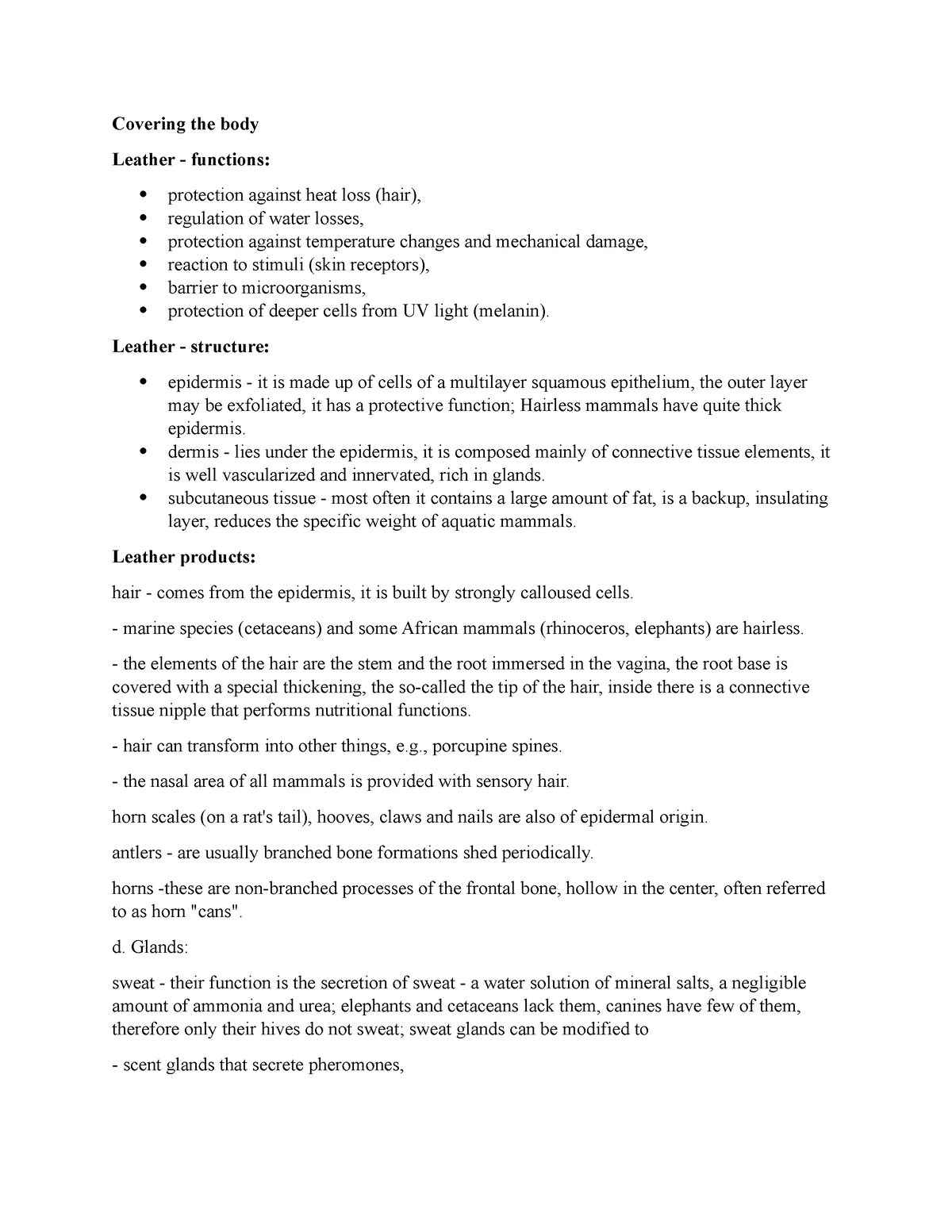 Mammals characteristics - Covering the body Leather - functions