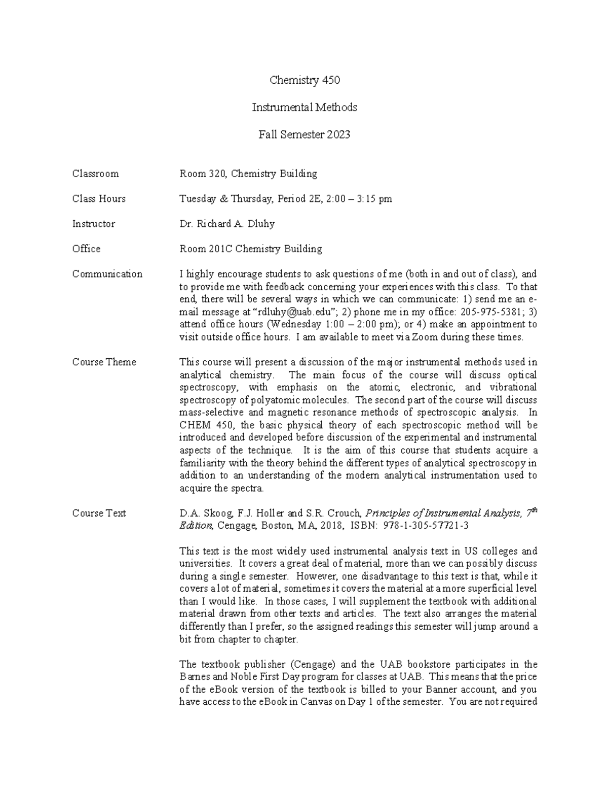 CH 4500 Syllabus Chemistry 450 Instrumental Methods Fall Semester