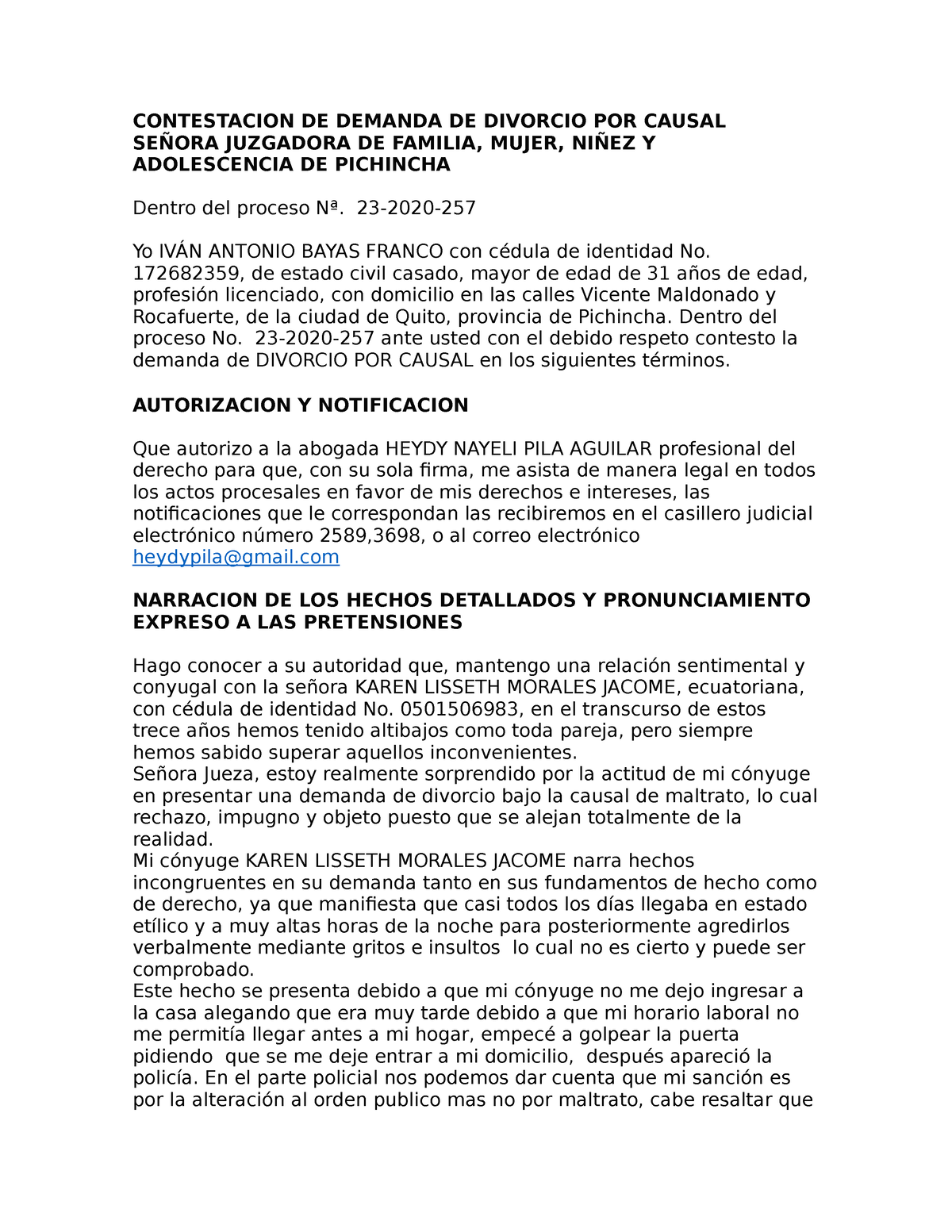 Contestacion De Demanda De Divorcio Por Causal Contestacion De Demanda De Divorcio Por Causal 9300